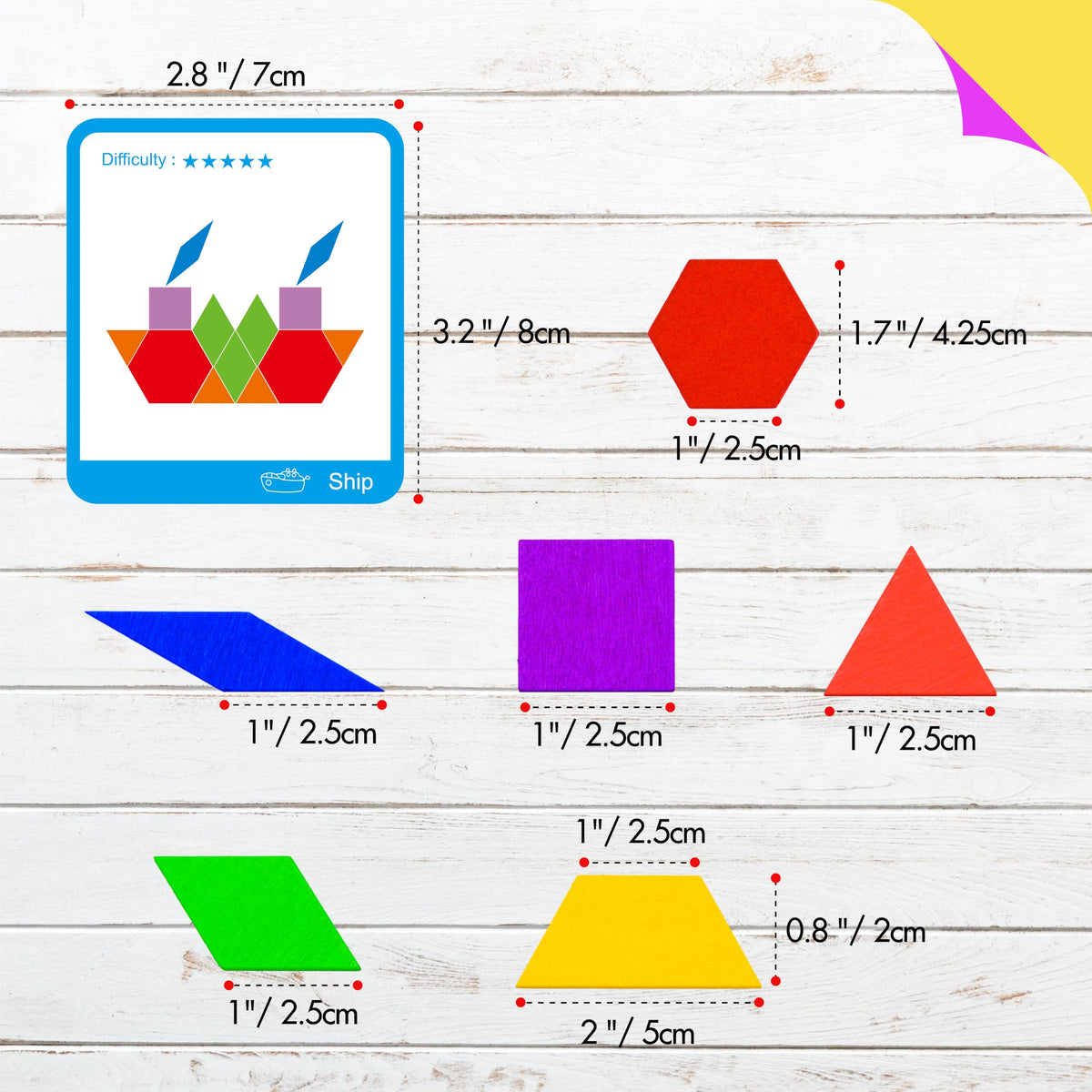 SpriteGru 155 PCS Wooden Pattern Blocks Set – Tangram Montessori Toys for Kids 4-8 (Storage Bag & Gift Box)