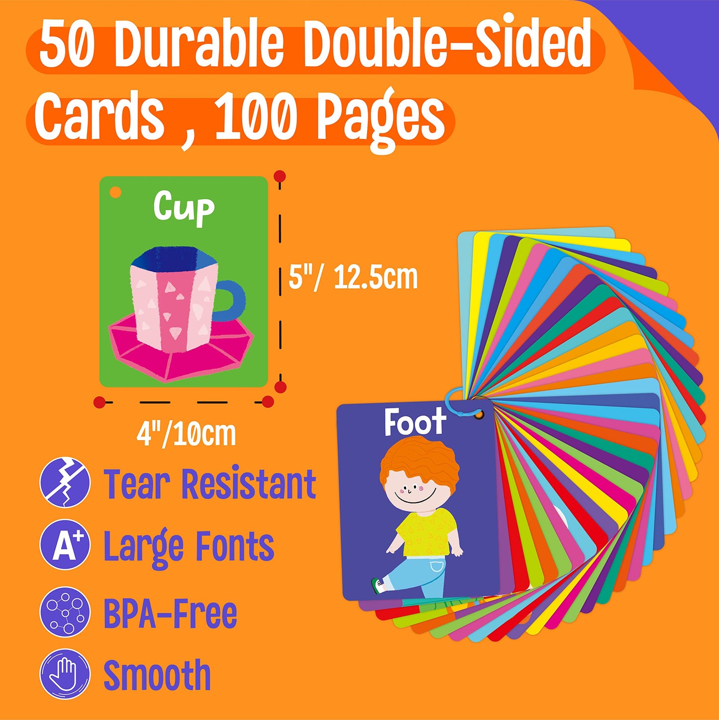 SpriteGru 50-Piece Kid First Cognitive Flashcards – 7-in-1 Colorful Alphabet, Numbers, Foods, Animals, Shapes, Colors with 3 Rings