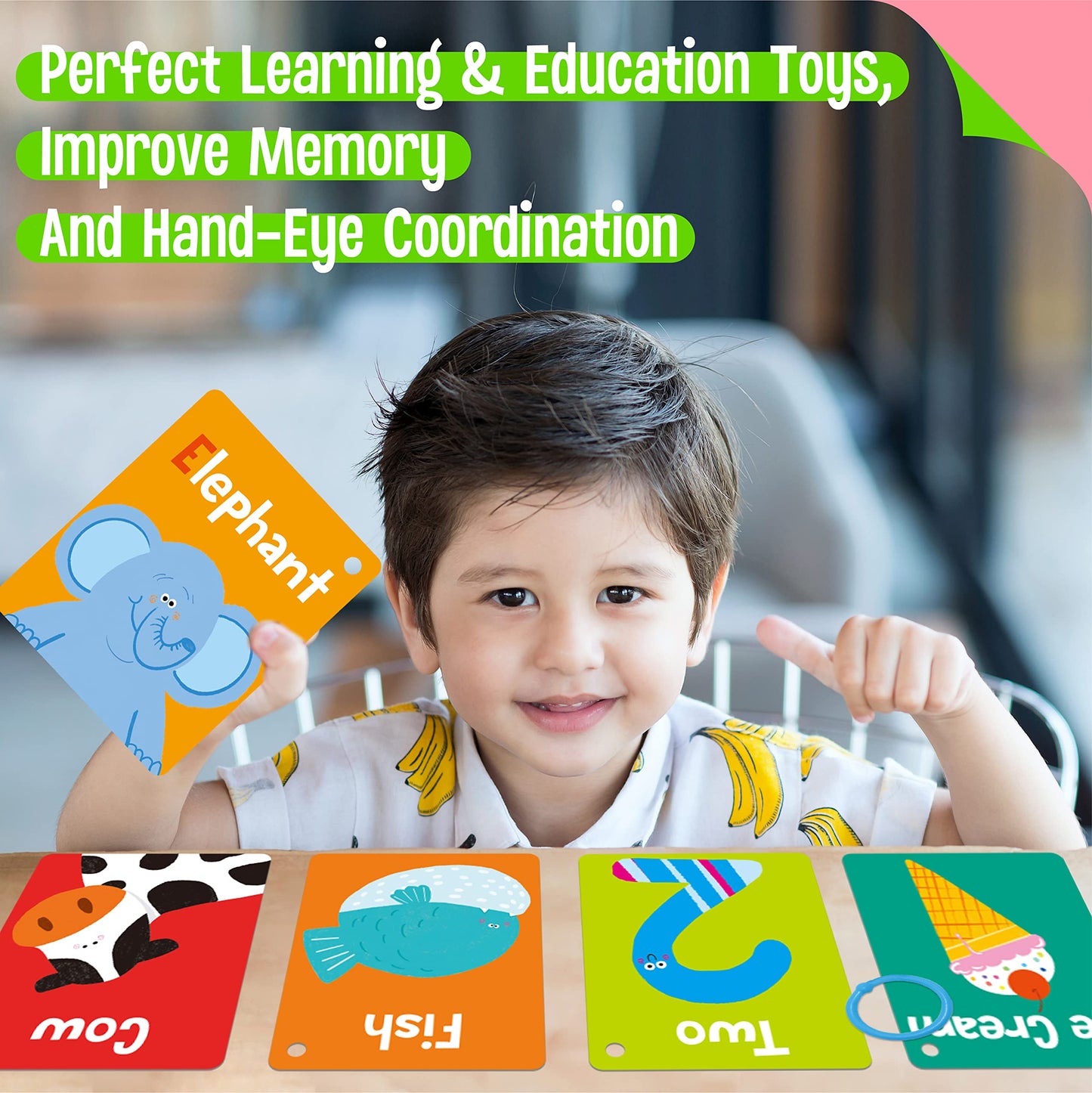 SpriteGru 50-Piece Kid First Cognitive Flashcards – 7-in-1 Colorful Alphabet, Numbers, Foods, Animals, Shapes, Colors with 3 Rings