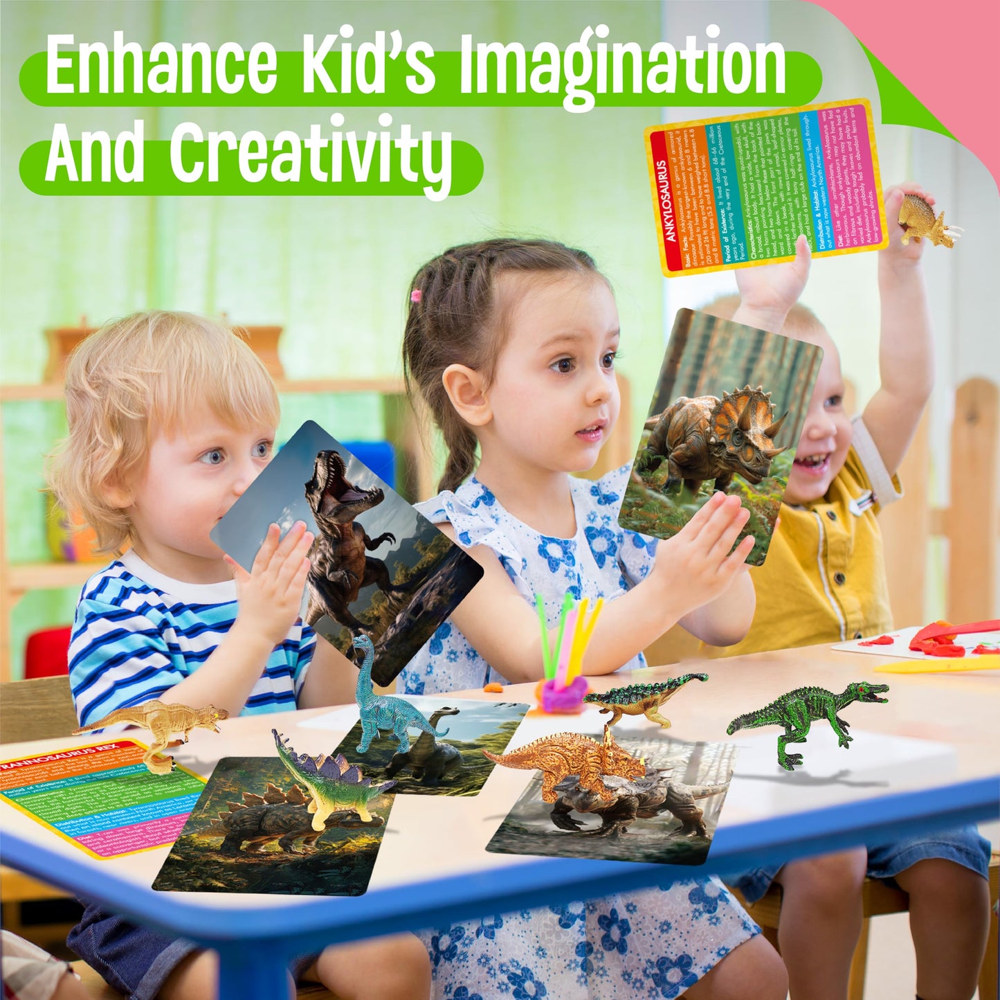 SpriteGru 12-Piece Dinosaur Figurines with Flashcards | Montessori Learning Kit for Kids