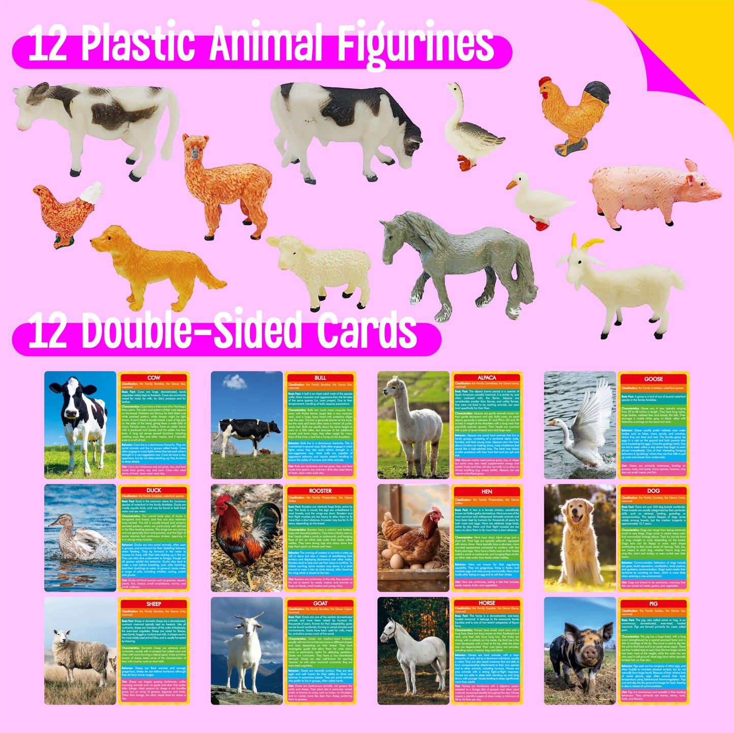 SpriteGru 12-Piece Farm Animal Figurines with Flashcards – Montessori Educational Toy Set