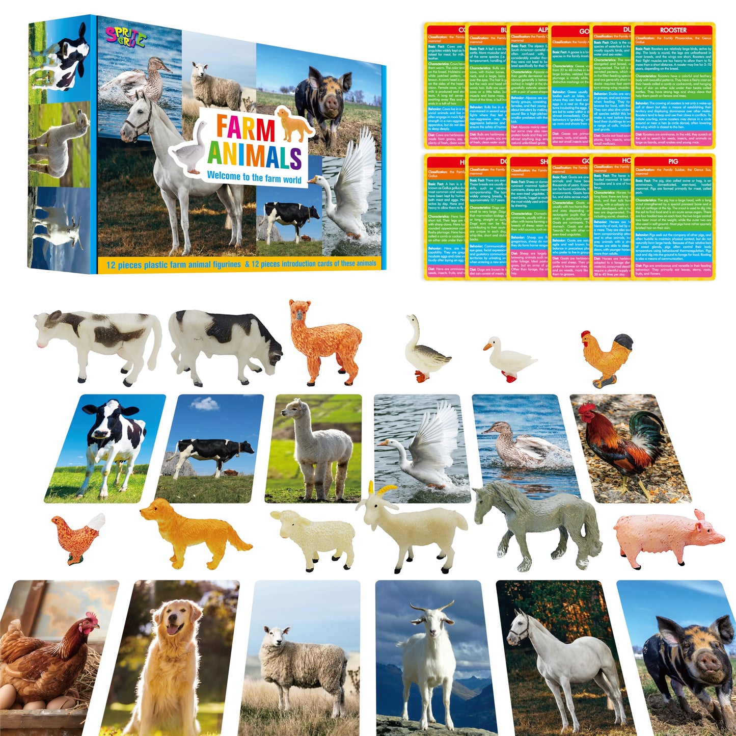 SpriteGru 12-Piece Farm Animal Figurines with Flashcards – Montessori Educational Toy Set