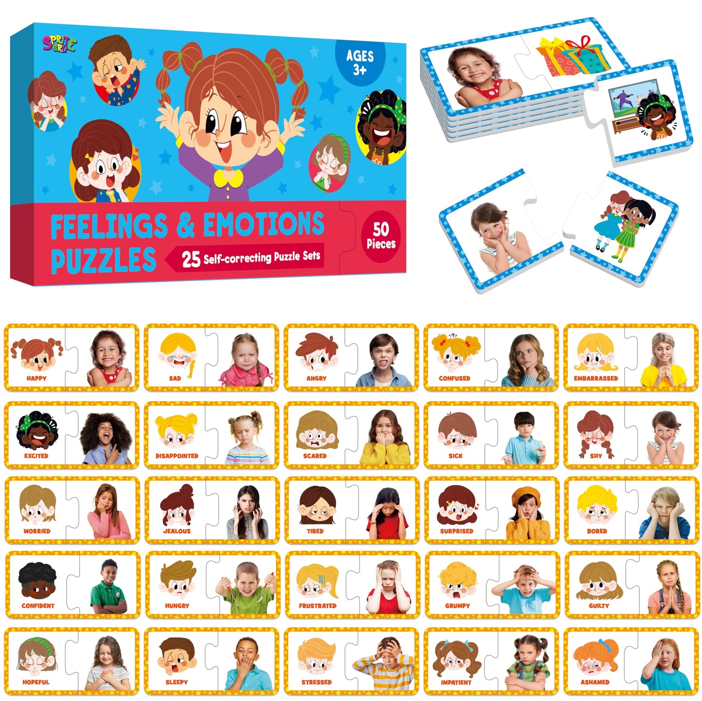 SpriteGru Feelings & Emotions Puzzle Cards – 50-Piece Mood Learning Kit