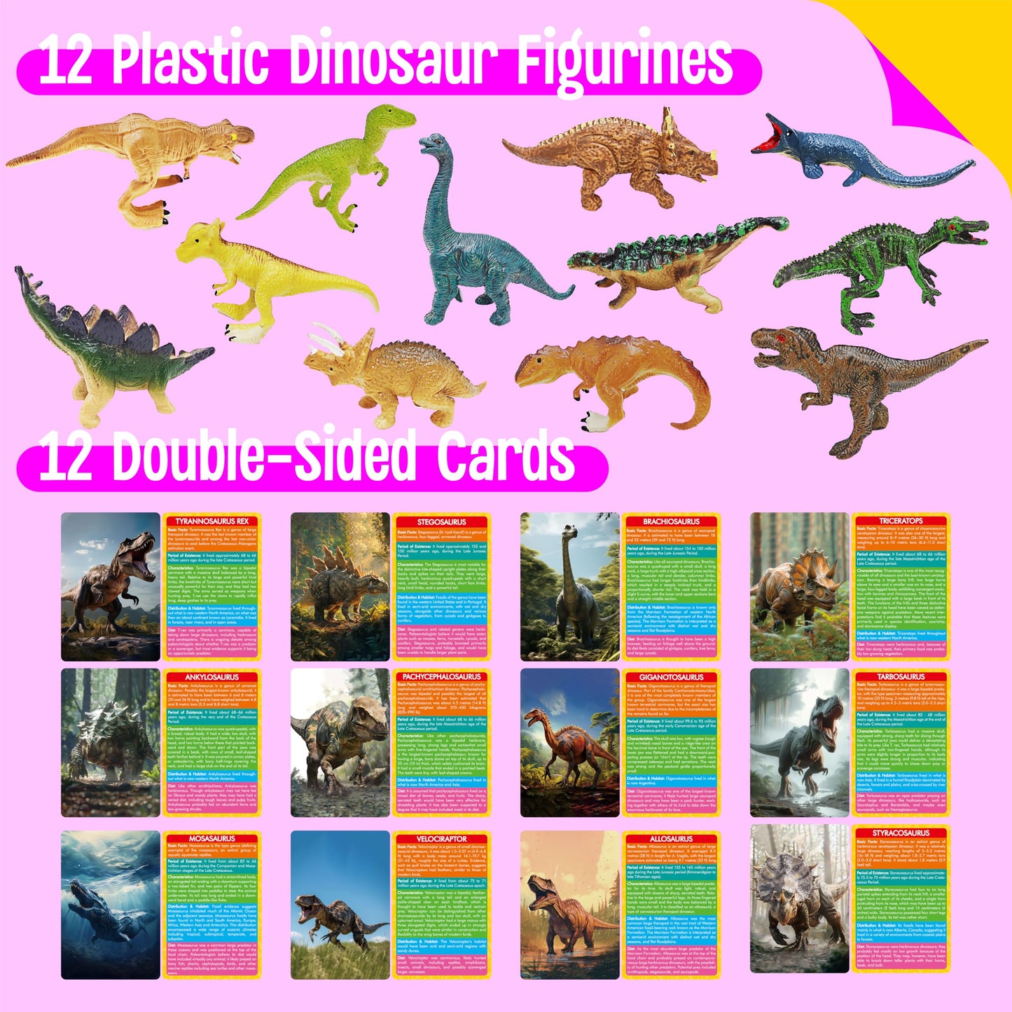 SpriteGru 12-Piece Dinosaur Figurines with Flashcards | Montessori Learning Kit for Kids