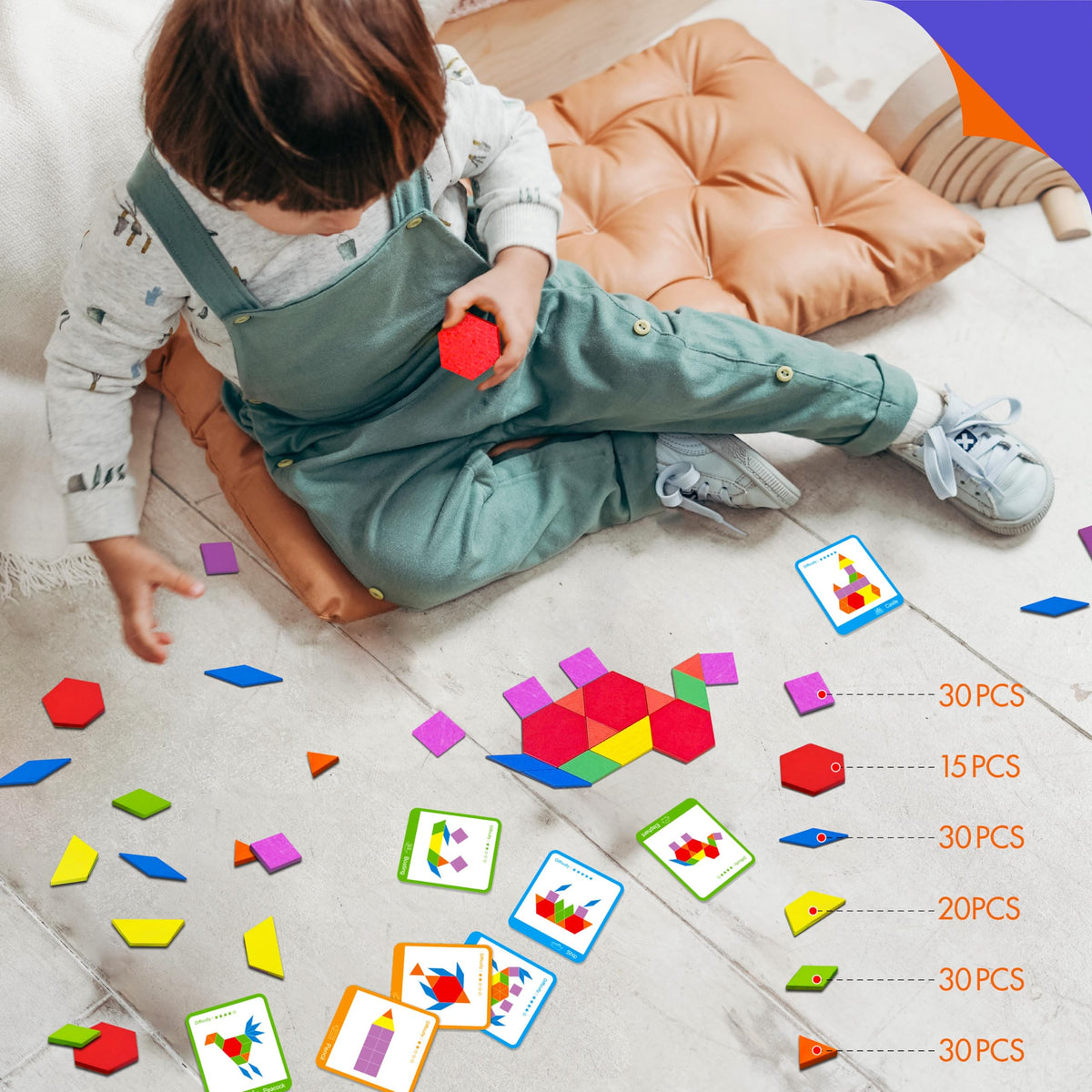 SpriteGru 155 PCS Wooden Pattern Blocks Set – Tangram Montessori Toys for Kids 4-8 (Storage Bag & Gift Box)