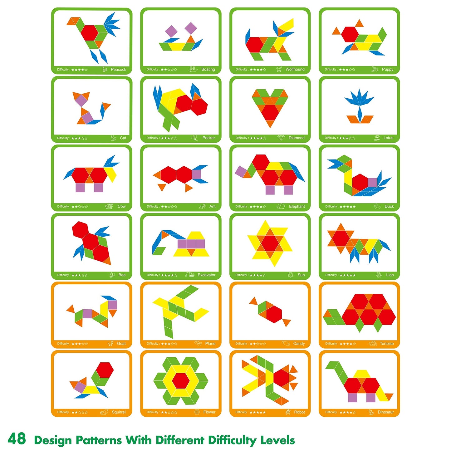 SpriteGru 300-Piece Wooden Pattern Blocks Set for Kids – 24 Double-Sided Cards (48 Patterns), Storage Bag & Gift Box