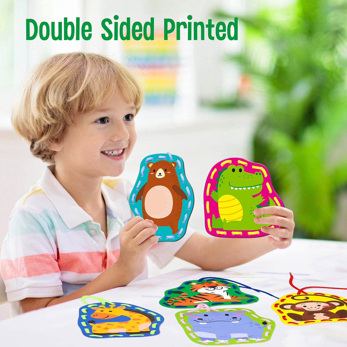 SpriteGru 9-Piece Kids Lacing Cards — Double-Sided Wild Animal Sewing Cards with Colorful Laces