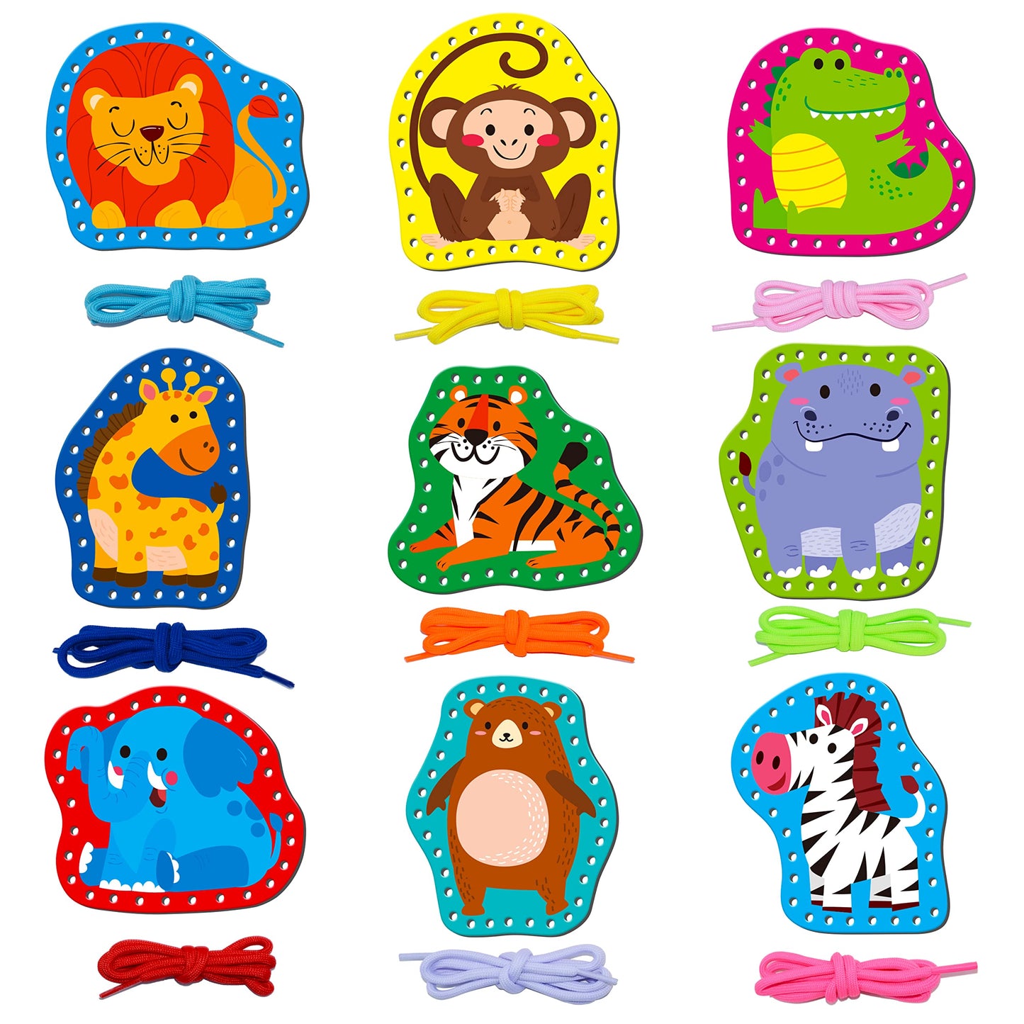 SpriteGru 9-Piece Kids Lacing Cards — Double-Sided Wild Animal Sewing Cards with Colorful Laces