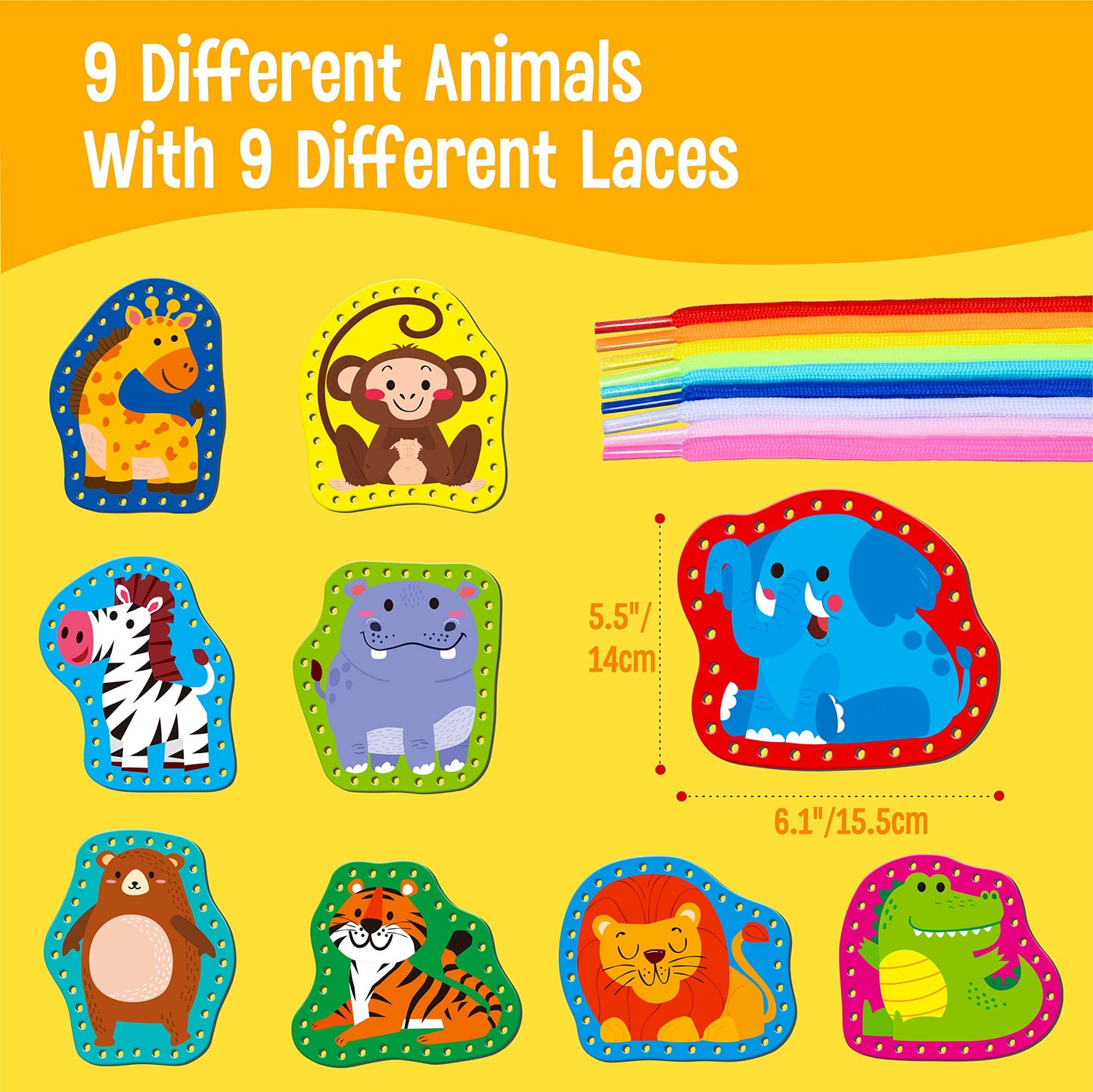 SpriteGru 9-Piece Kids Lacing Cards — Double-Sided Wild Animal Sewing Cards with Colorful Laces