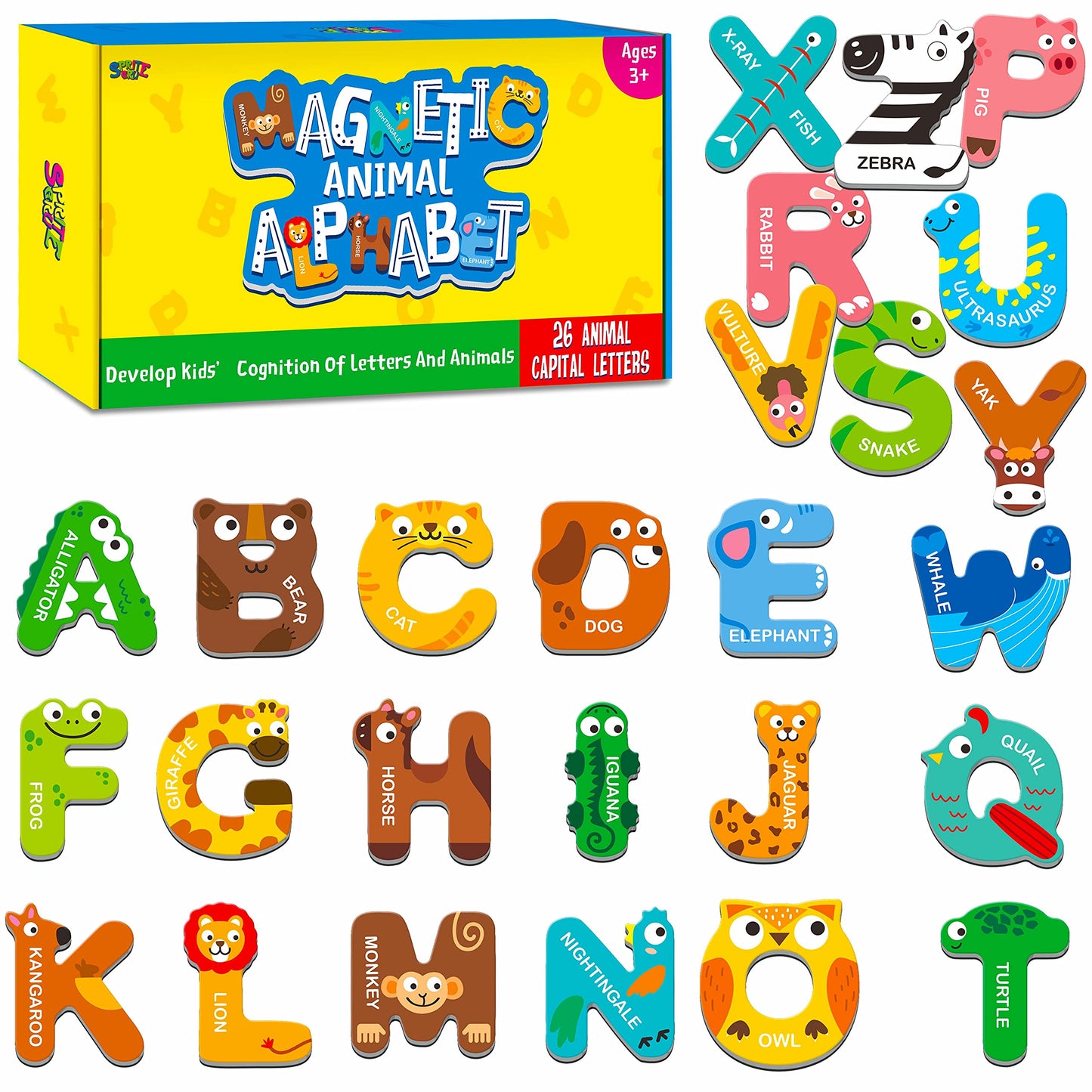 SpriteGru Large Magnetic Letters – Animal Alphabet ABC Magnets for Fridge, Colorful Learning Toys