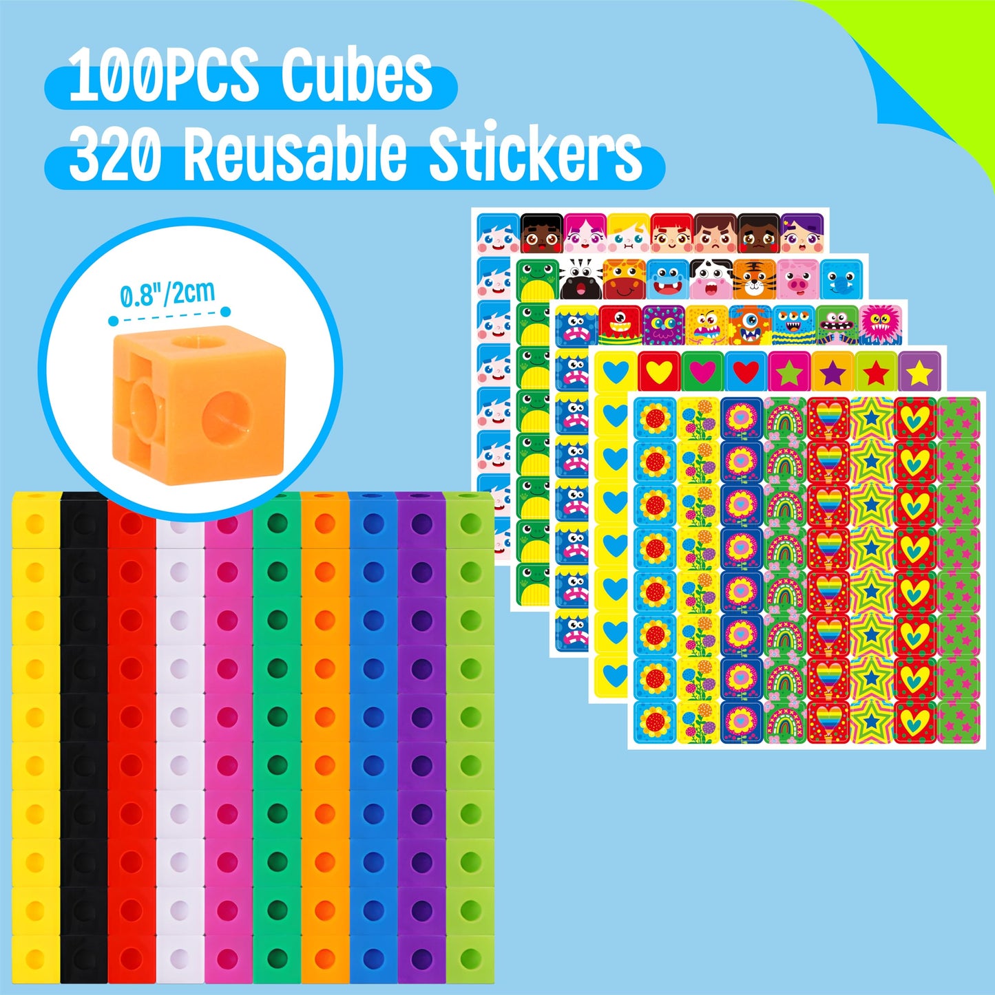 SpriteGru 100 Math Linking Cubes with 320 Sticker Pack – Early Math & STEM Toy