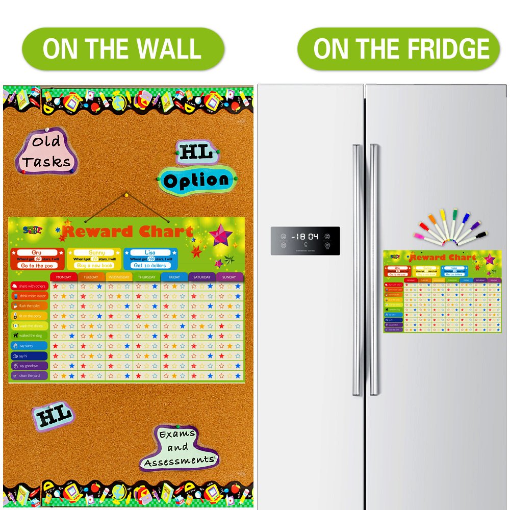 SpriteGru Magnetic Reward Chore Chart – XL 17x12 in, 60 Chores, 300 Stars, 8 Markers