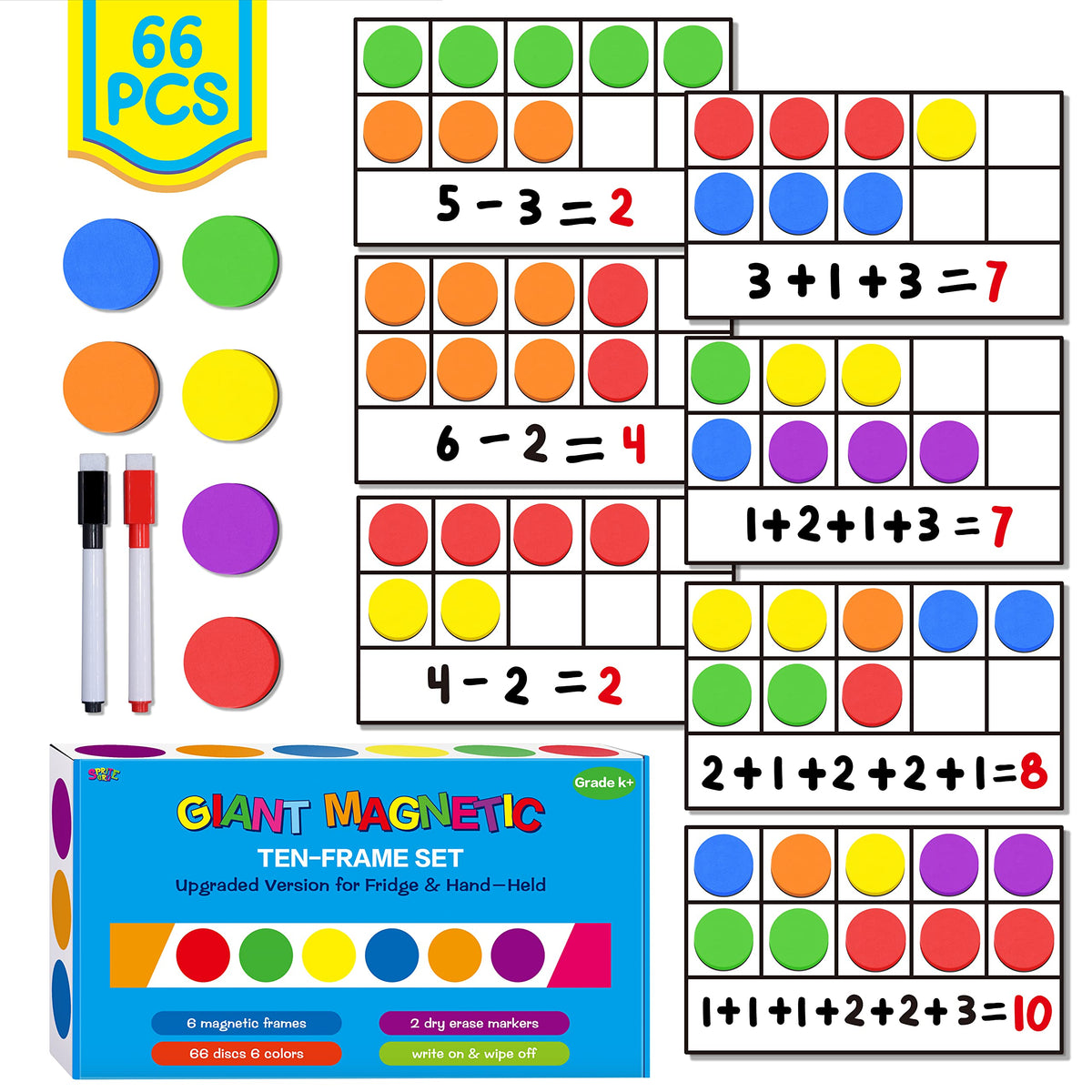 SpriteGru Magnetic Ten-Frame Set – 6 Frames, 66 Color Discs, 2 Markers (Fridge & Handheld)