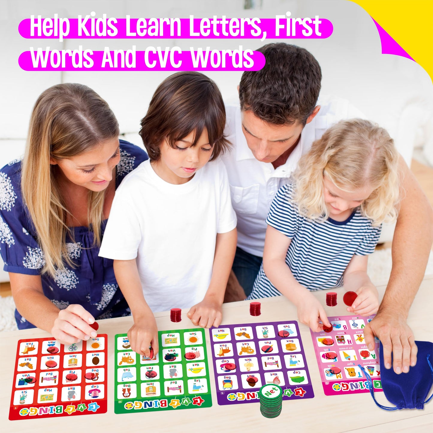 SpriteGru Alphabet & CVC Bingo Game – 12 Double-Sided Boards for Letters & CVC Words