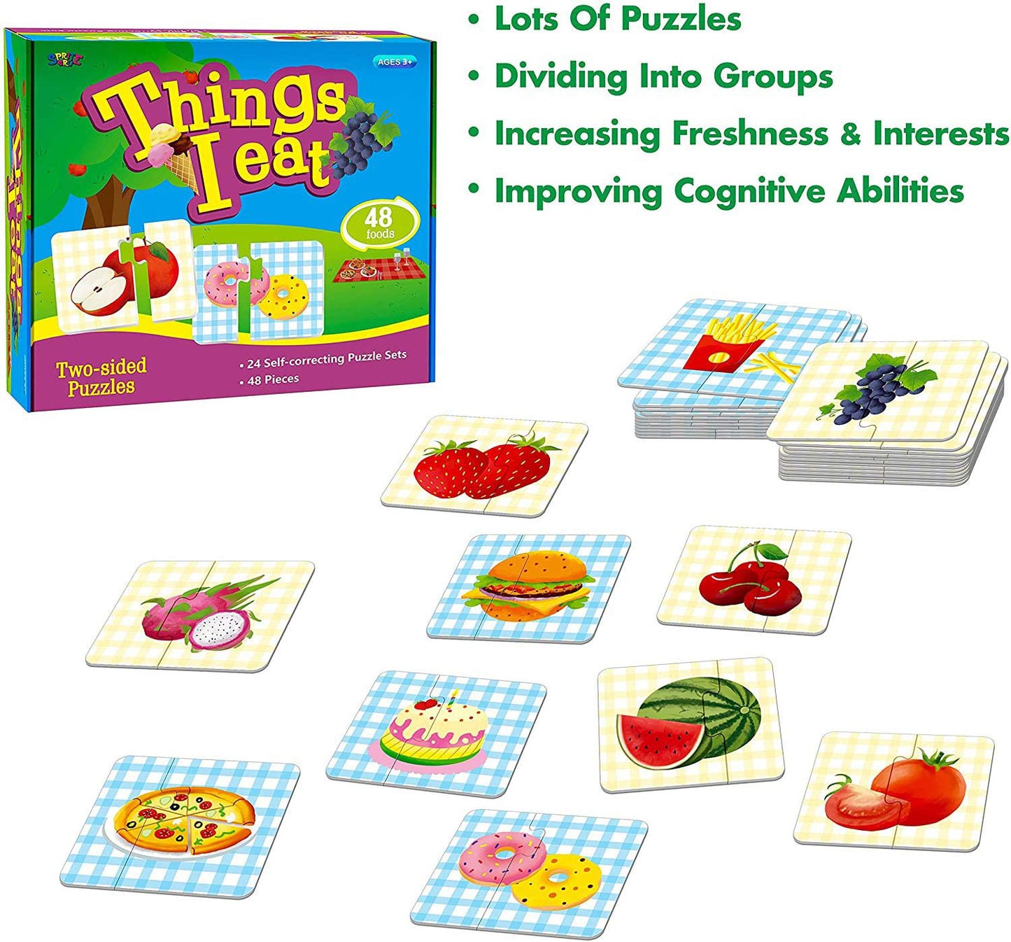 SpriteGru 48 Food Matching Puzzles with Error-Correction — 24 Double-Sided Blocks for Preschool Learning