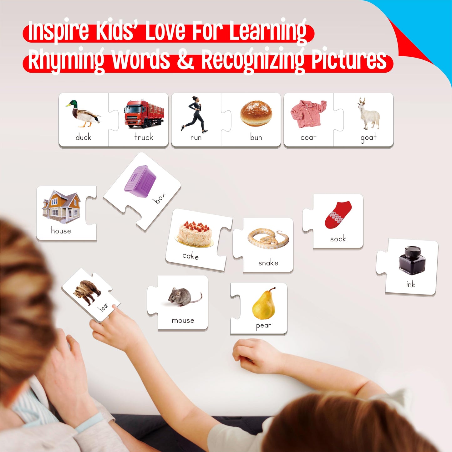 SpriteGru Rhyming Puzzles: 26 Groups Phonics Matching Cards for Early Learning