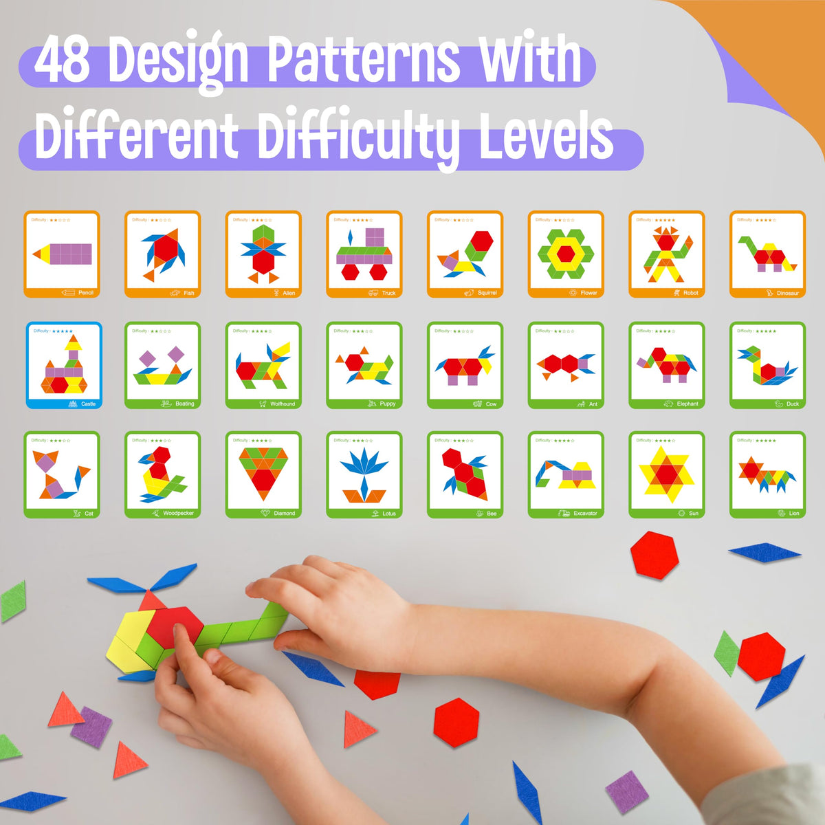 SpriteGru 155 PCS Wooden Pattern Blocks Set – Tangram Montessori Toys for Kids 4-8 (Storage Bag & Gift Box)