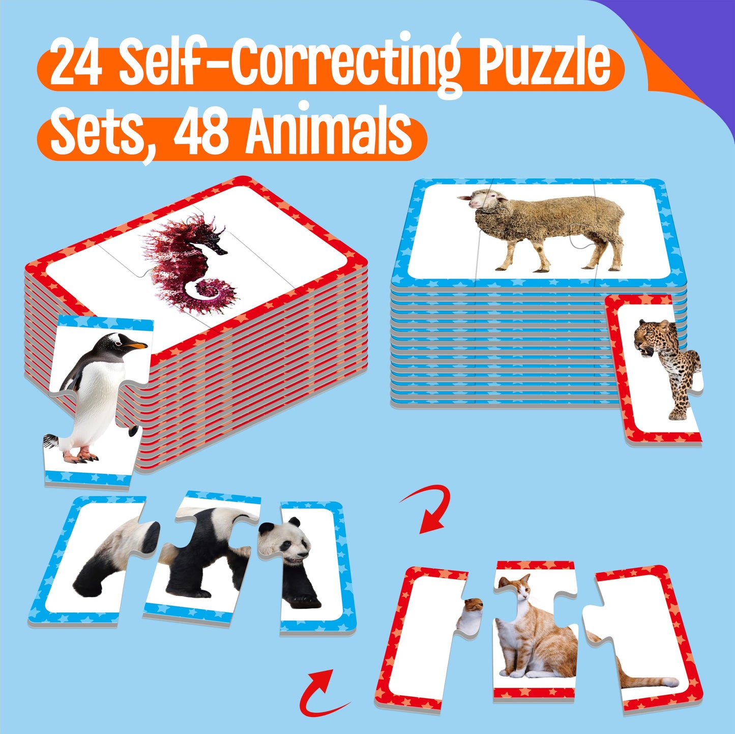 SpriteGru 48 Animal Matching Puzzles with Error-Correction - 3-Piece Self-Correcting Game for Toddlers