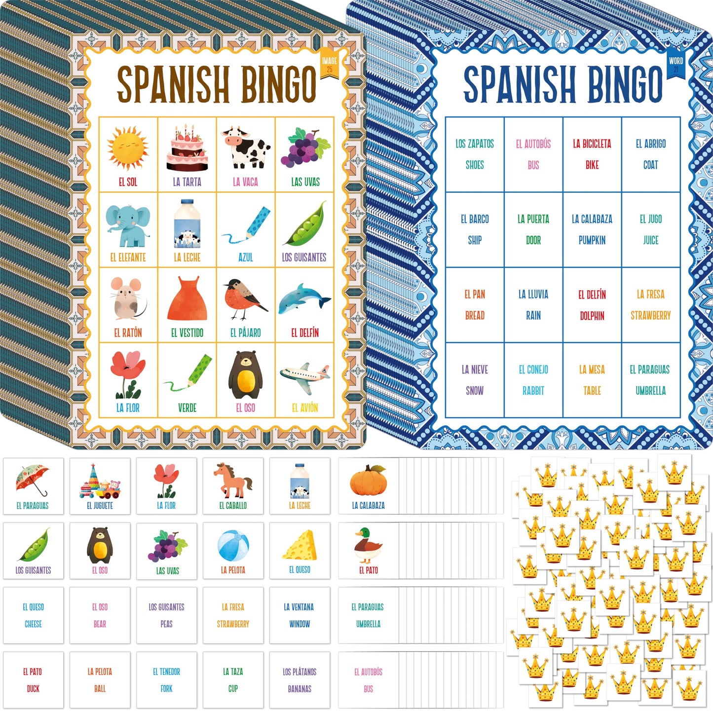 SpriteGru Spanish Bingo Game – 25 Boards for Spanish Vocabulary | Bilingual Word Bingo for Ages 5+