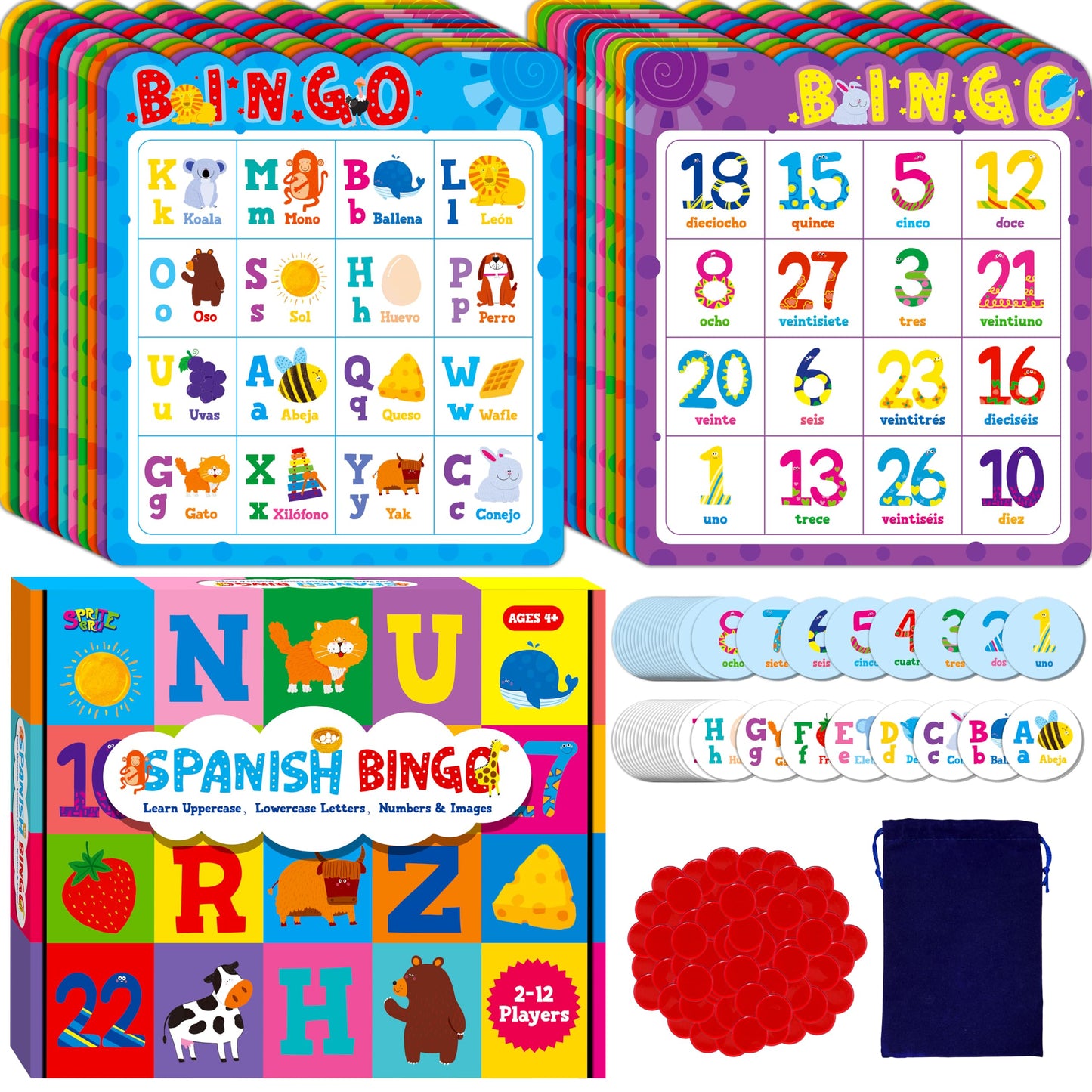 SpriteGru Spanish Bingo Game – 12 Boards, Letters, Numbers & Words (Ages 4+)