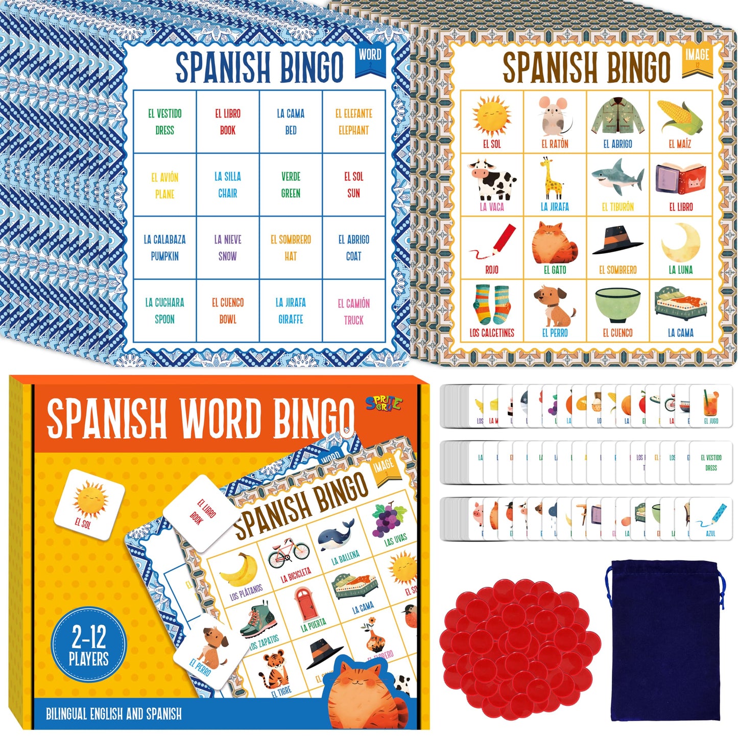 SpriteGru Spanish Bingo Game – Bilingual Word Learning for Ages 5+ (Up to 12 Players)