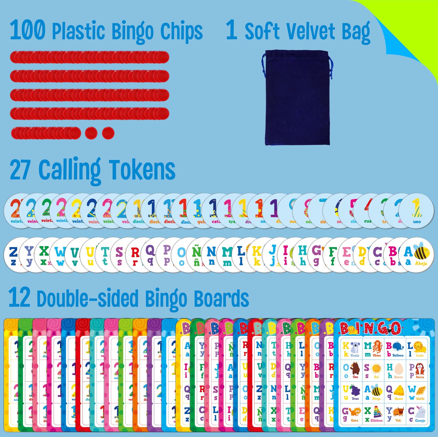 SpriteGru Spanish Bingo Game – 12 Boards, Letters, Numbers & Words (Ages 4+)