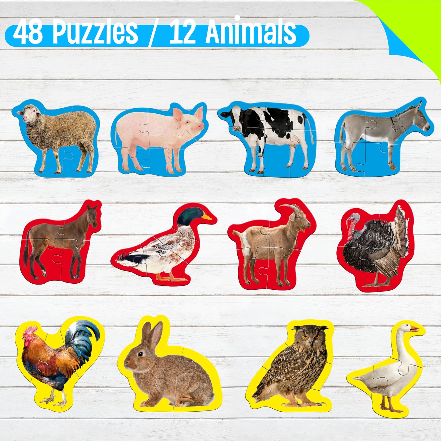 SpriteGru 12-Pack Realistic Farm Animal Puzzles – Step-by-Step 48-Piece Jigsaws for Beginners (Ages 3+)