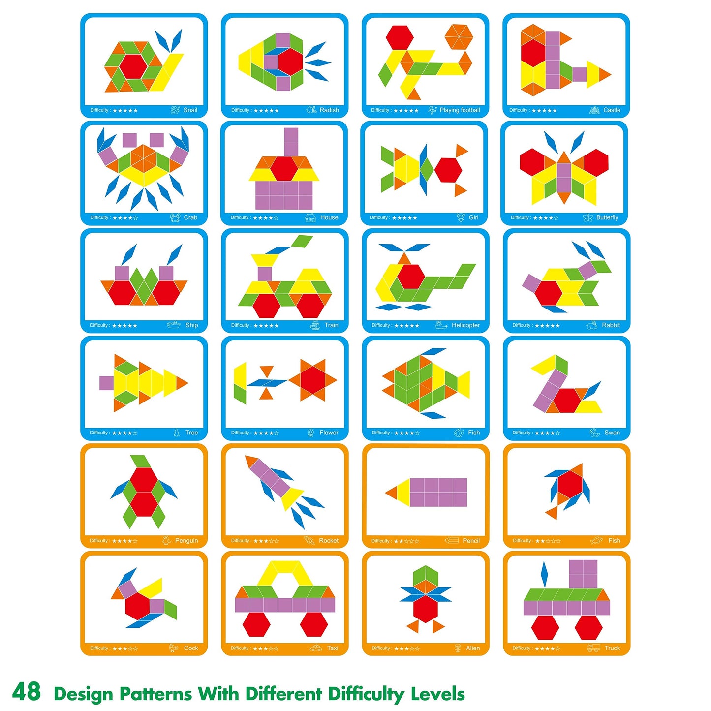 SpriteGru 300-Piece Wooden Pattern Blocks Set for Kids – 24 Double-Sided Cards (48 Patterns), Storage Bag & Gift Box