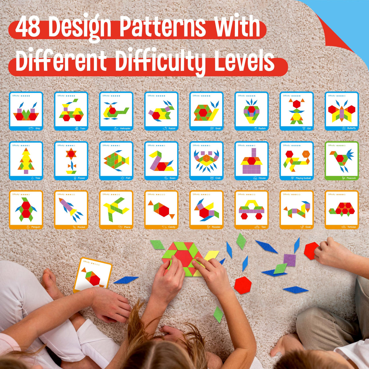 SpriteGru 155 PCS Wooden Pattern Blocks Set – Tangram Montessori Toys for Kids 4-8 (Storage Bag & Gift Box)