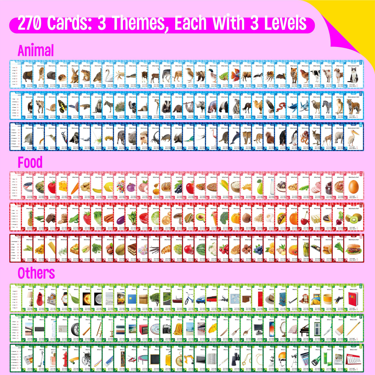 SpriteGru 270 PCS Spelling Flashcards – Learn Words & Check Spelling (Animals, Foods, Daily Life) for Kids 8+
