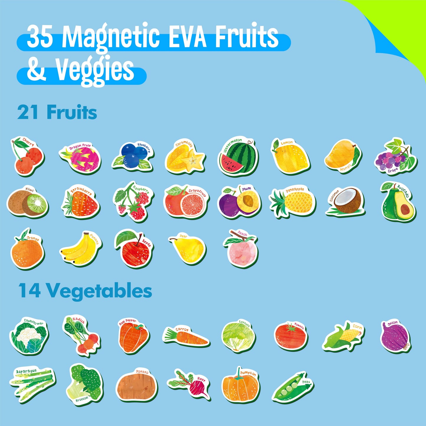 SpriteGru 35-Piece Fruit & Vegetable Magnets – Soft Foam Fridge Toys for Toddlers