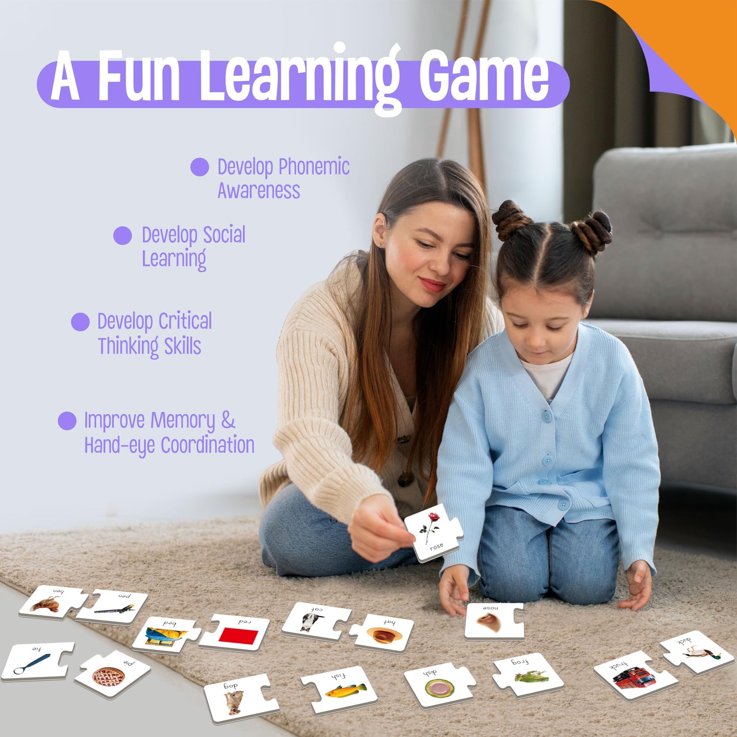 SpriteGru Rhyming Puzzles: 26 Groups Phonics Matching Cards for Early Learning