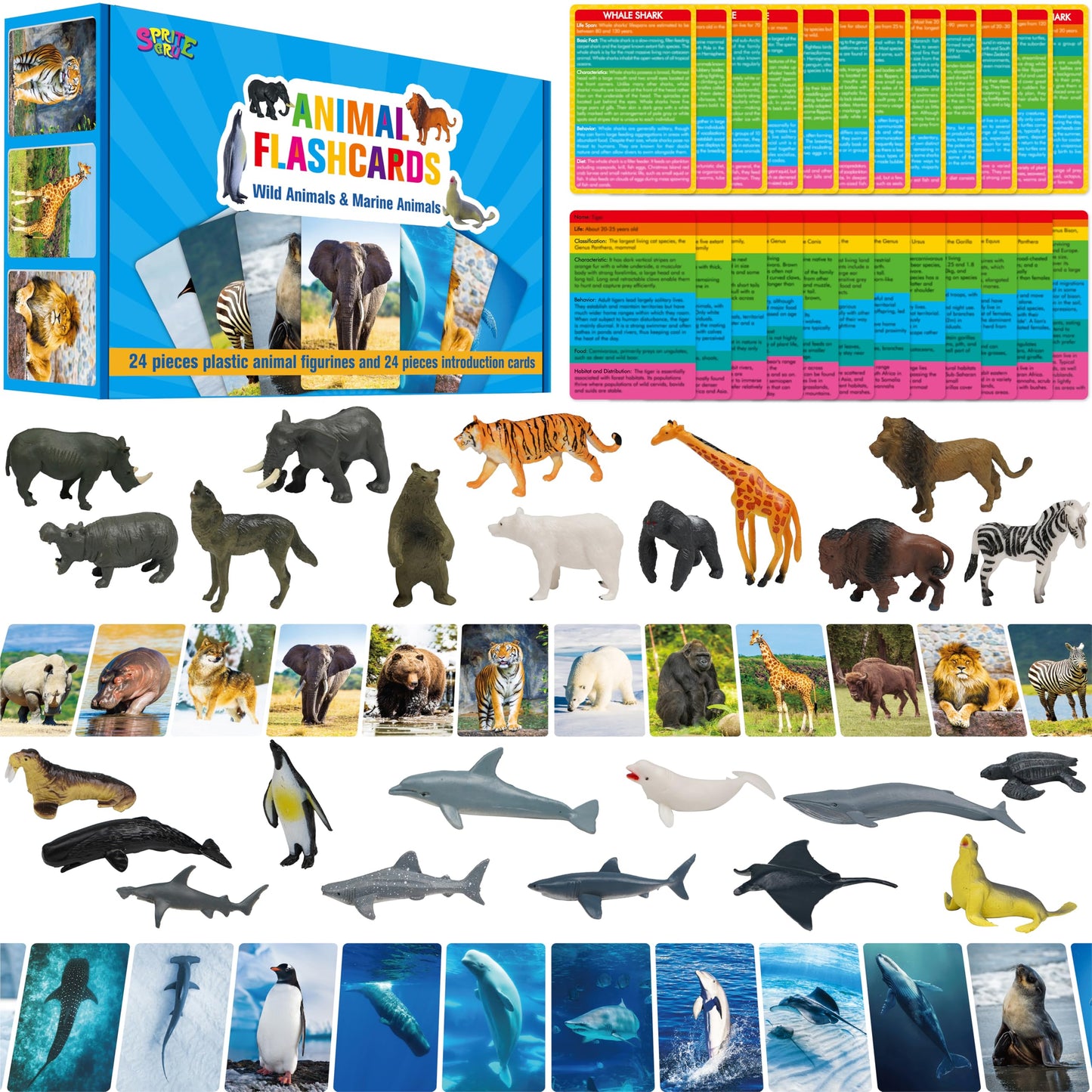 SpriteGru 24-Piece Animal Figurines & Flashcards – Montessori Learning Toy Set for Kids