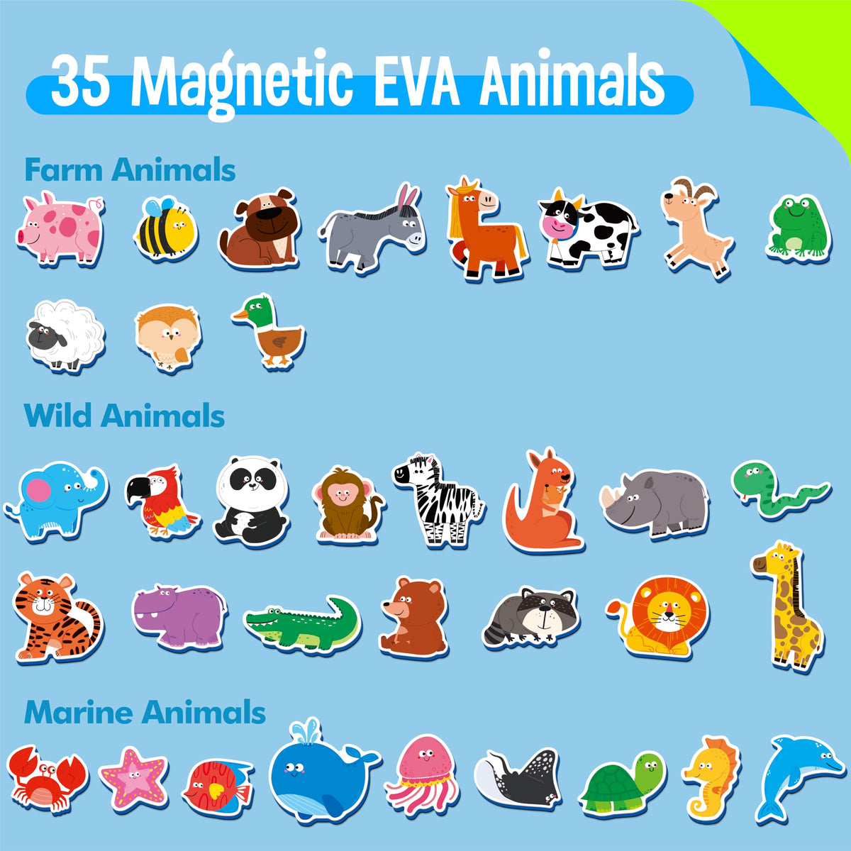 SpriteGru 35 Pcs Animal Magnets – Adorable Fridge Toys for Kids 3+ | Wild, Marine & Farm Animals
