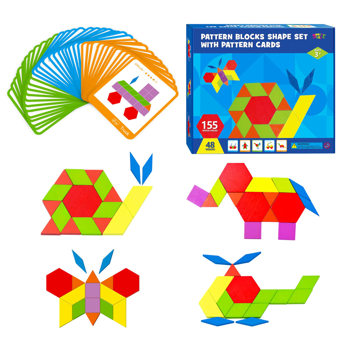 SpriteGru 155 PCS Wooden Pattern Blocks Set – Tangram Montessori Toys for Kids 4-8 (Storage Bag & Gift Box)