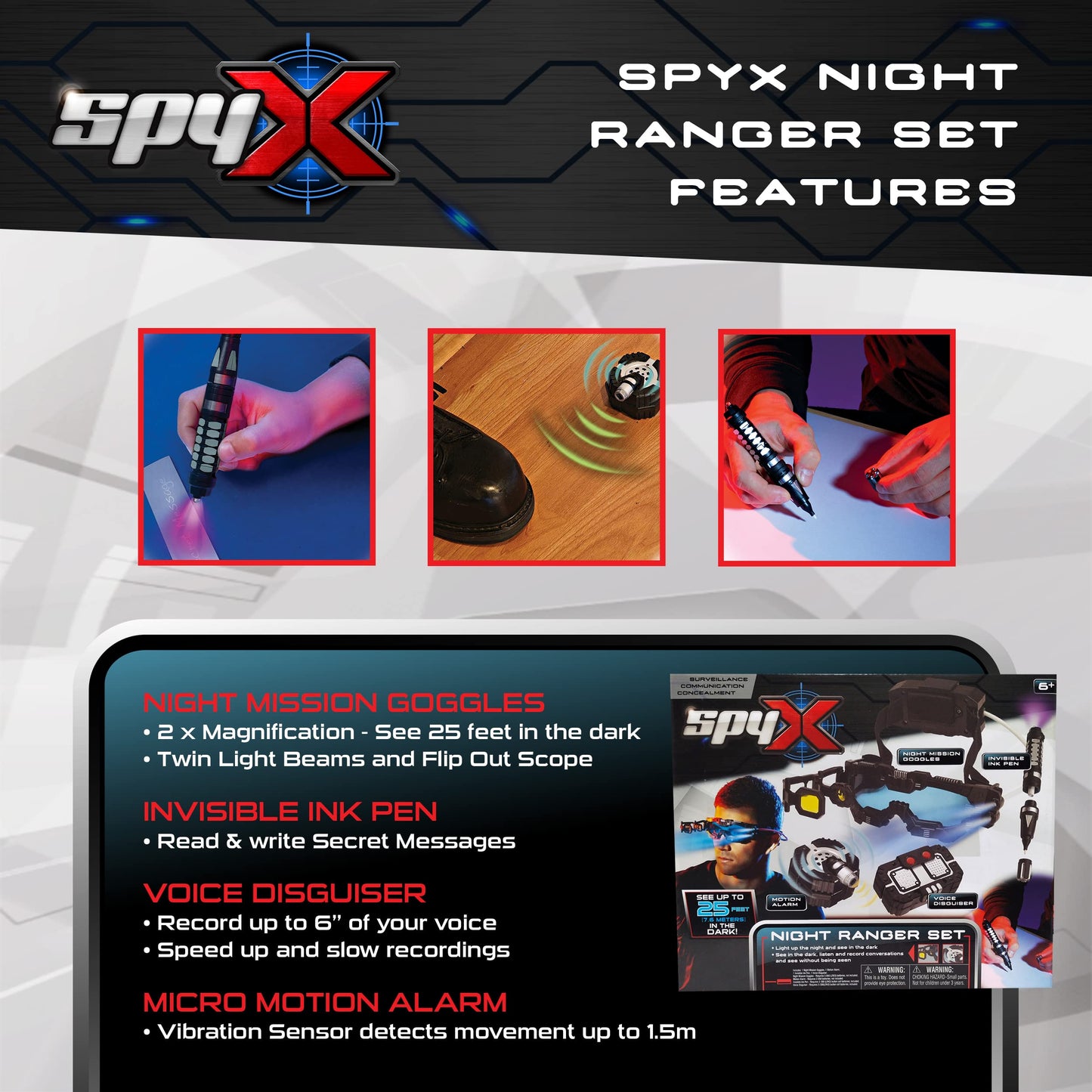 SpyX Night Ranger Set – Night Mission Goggles, Motion Alarm, Voice Disguiser & Invisible Ink Pen