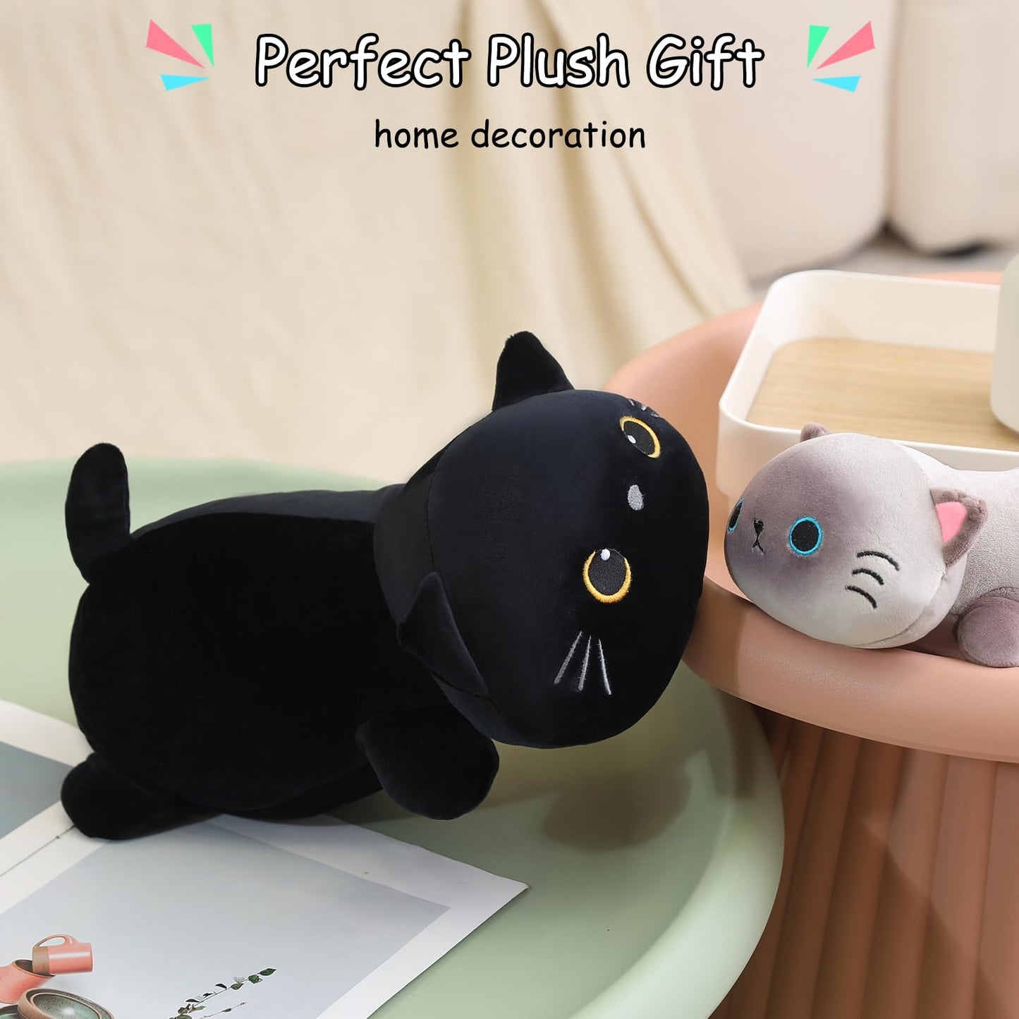 SQEQE Weighted Black Cat Plush – 13.8 Inch Soft Plush Pillow Toy, 1.6 Lbs