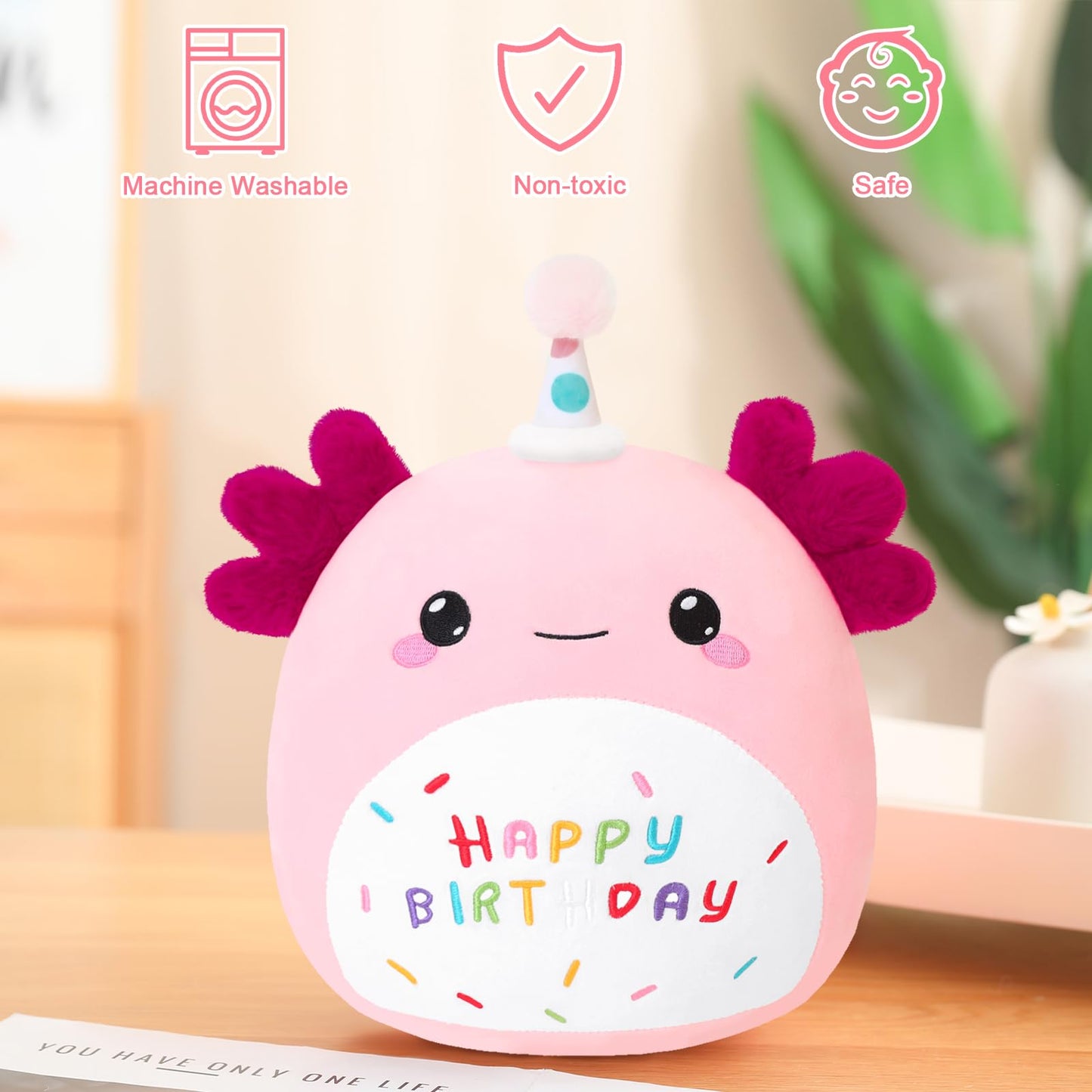 SQEQE Axolotl Plush Toy - Pink Birthday Axolotl Plush, 10 Inch, Cute Gift & Home Decor