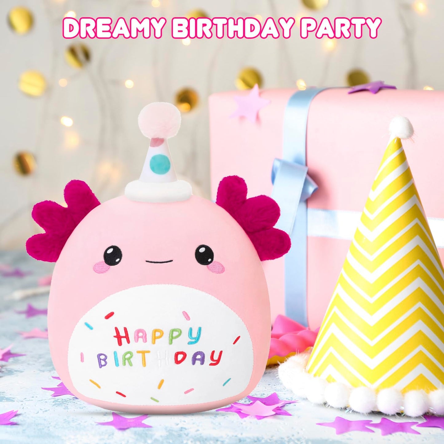 SQEQE Axolotl Plush Toy - Pink Birthday Axolotl Plush, 10 Inch, Cute Gift & Home Decor