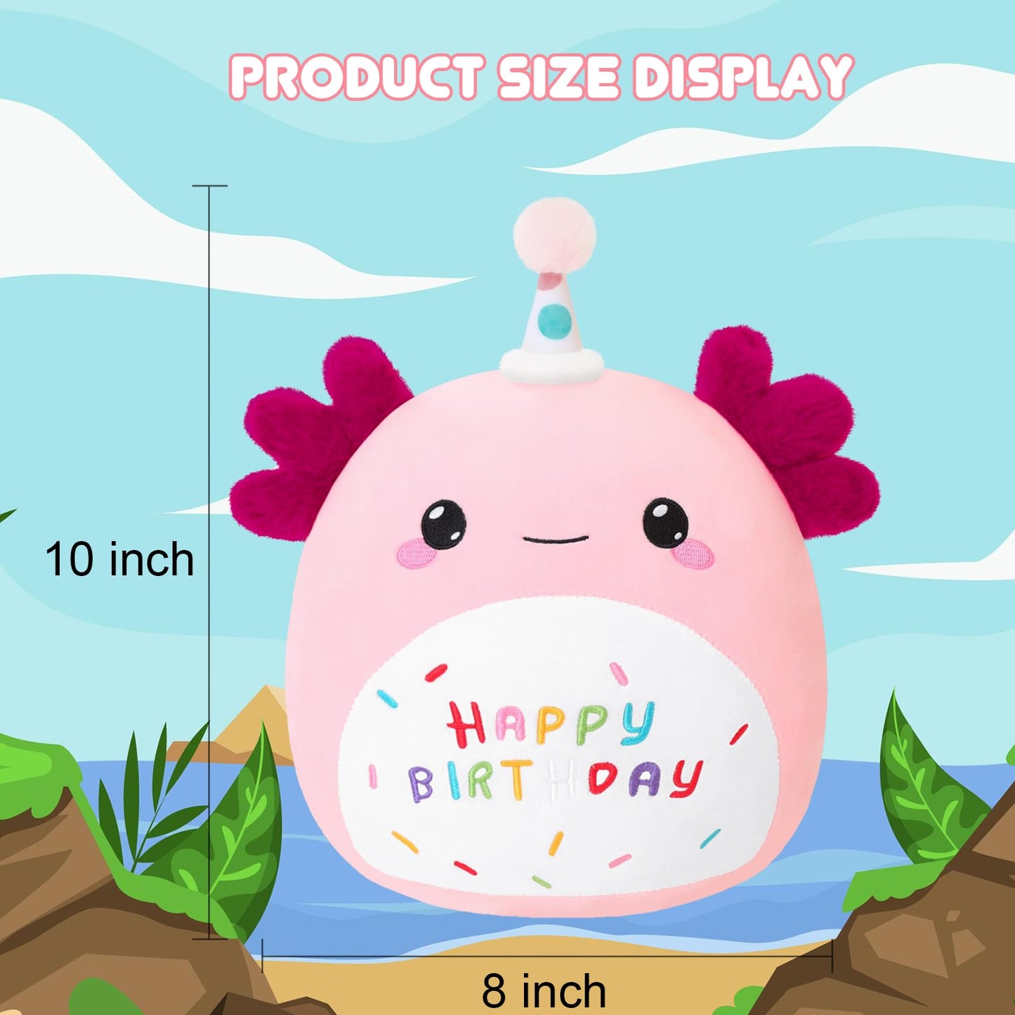 SQEQE Axolotl Plush Toy - Pink Birthday Axolotl Plush, 10 Inch, Cute Gift & Home Decor