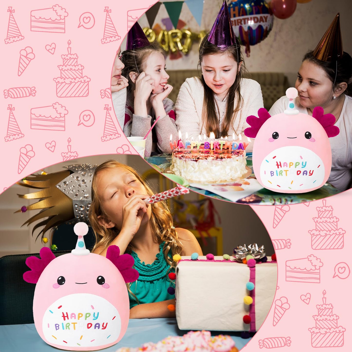 SQEQE Axolotl Plush Toy - Pink Birthday Axolotl Plush, 10 Inch, Cute Gift & Home Decor