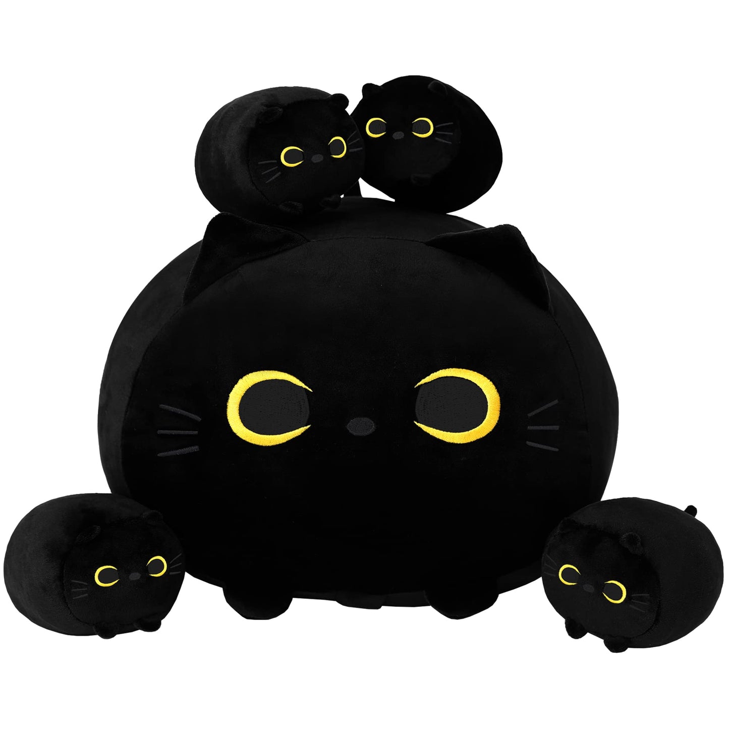 SQEQE Black Cat Plush — 5-in-1 Kitty Plush with Removable Babies, Soft Pillow for Kids