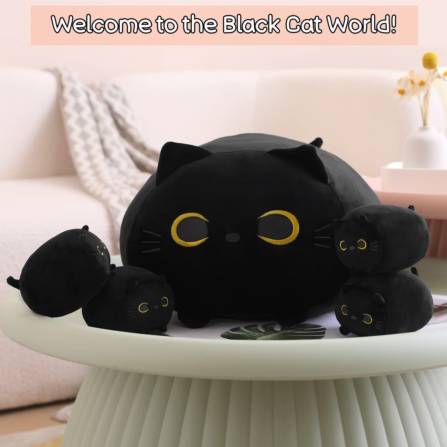 SQEQE Black Cat Plush — 5-in-1 Kitty Plush with Removable Babies, Soft Pillow for Kids