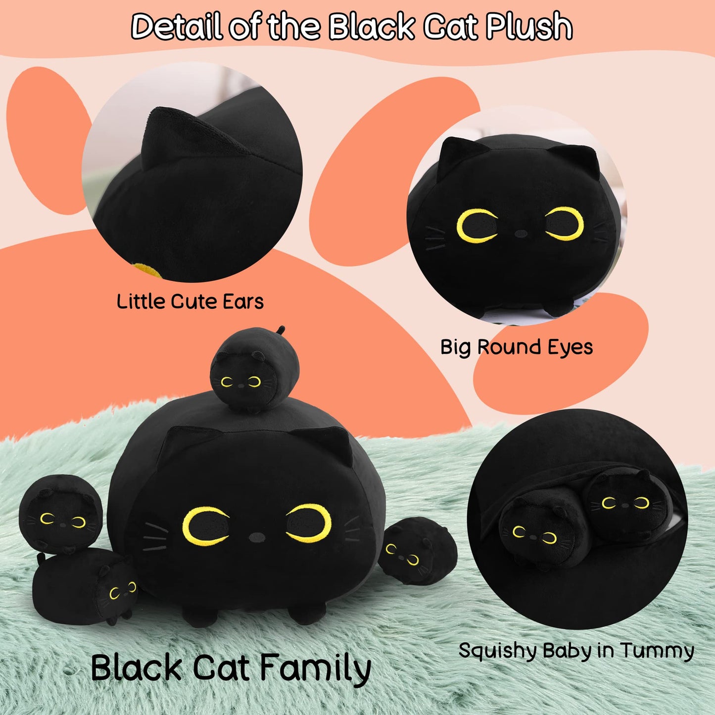 SQEQE Black Cat Plush — 5-in-1 Kitty Plush with Removable Babies, Soft Pillow for Kids
