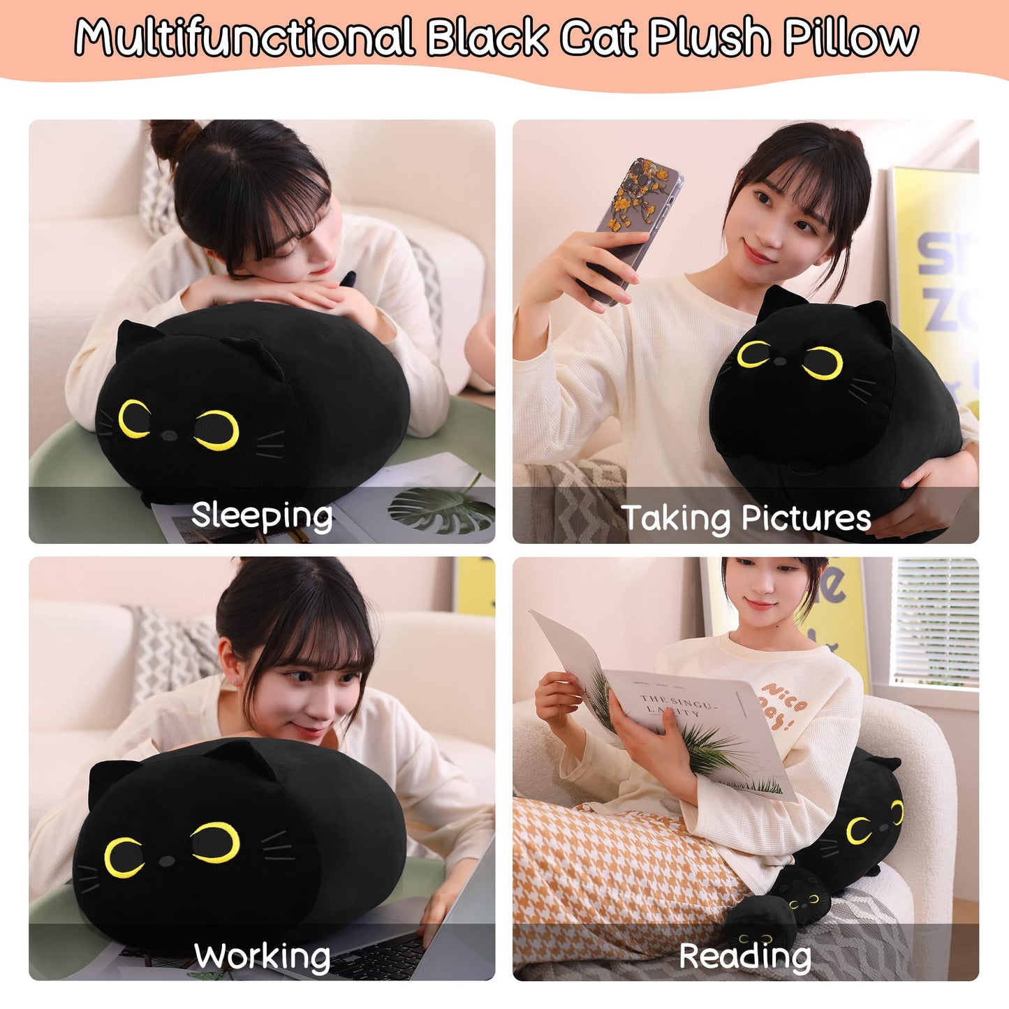 SQEQE Black Cat Plush — 5-in-1 Kitty Plush with Removable Babies, Soft Pillow for Kids