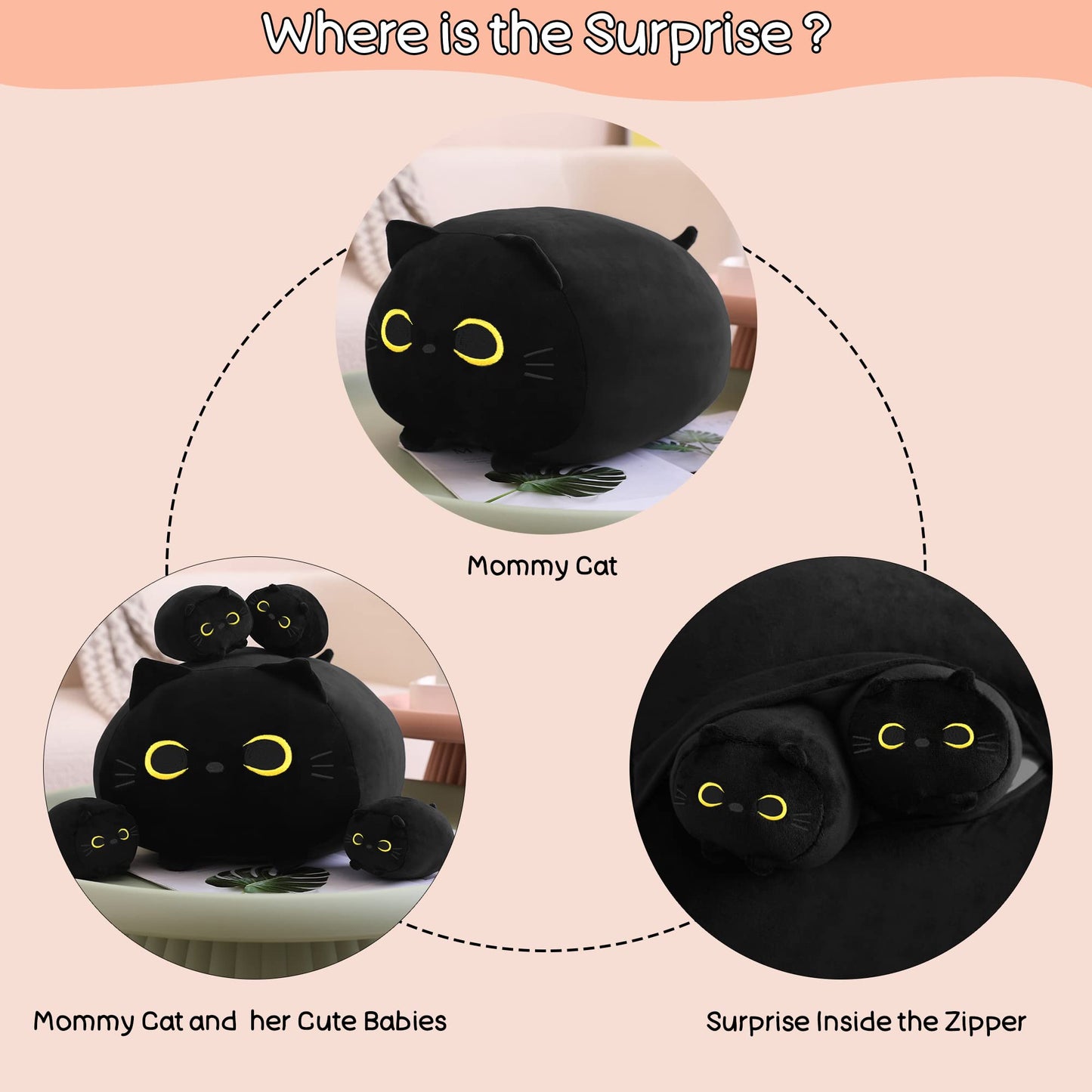 SQEQE Black Cat Plush — 5-in-1 Kitty Plush with Removable Babies, Soft Pillow for Kids