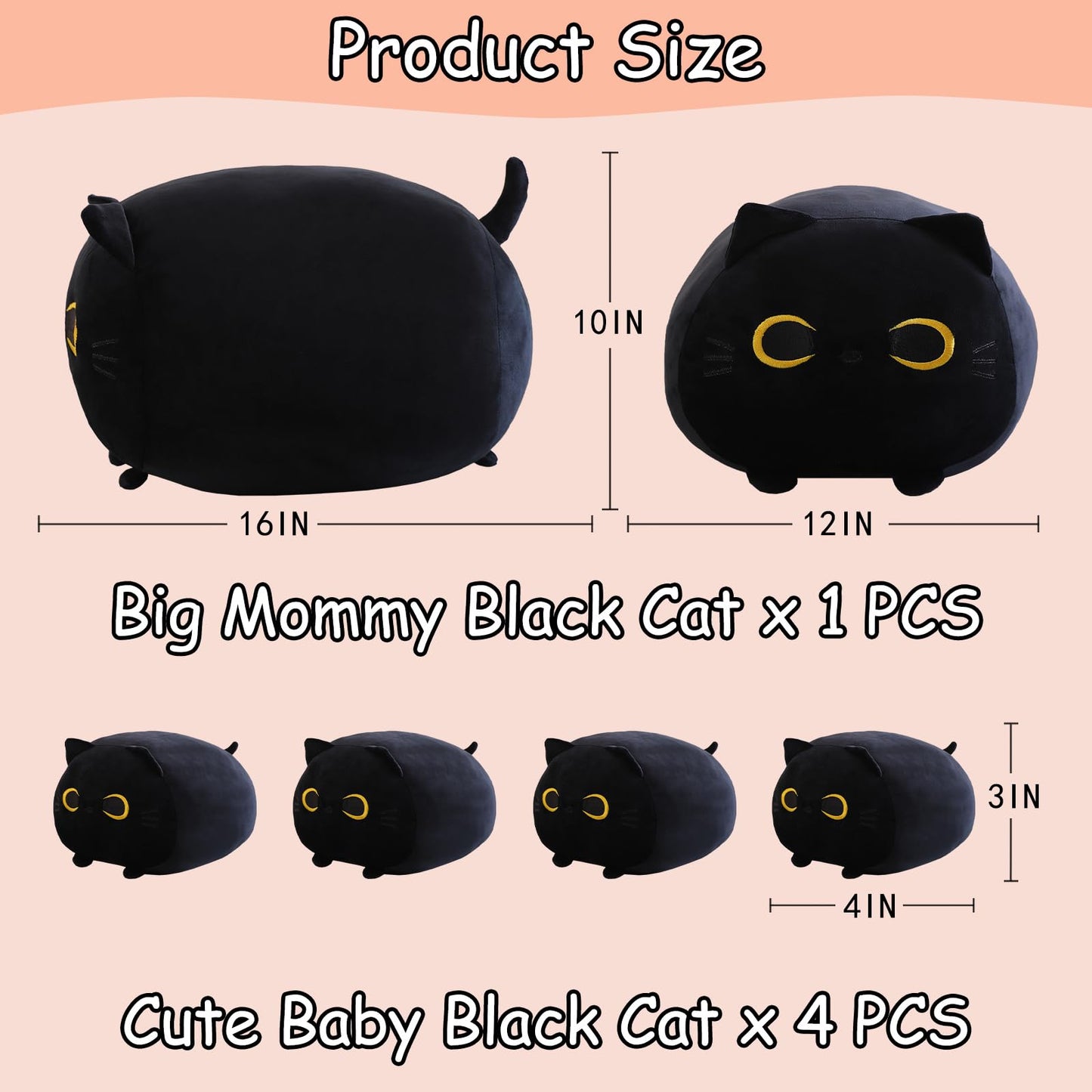 SQEQE Black Cat Plush — 5-in-1 Kitty Plush with Removable Babies, Soft Pillow for Kids