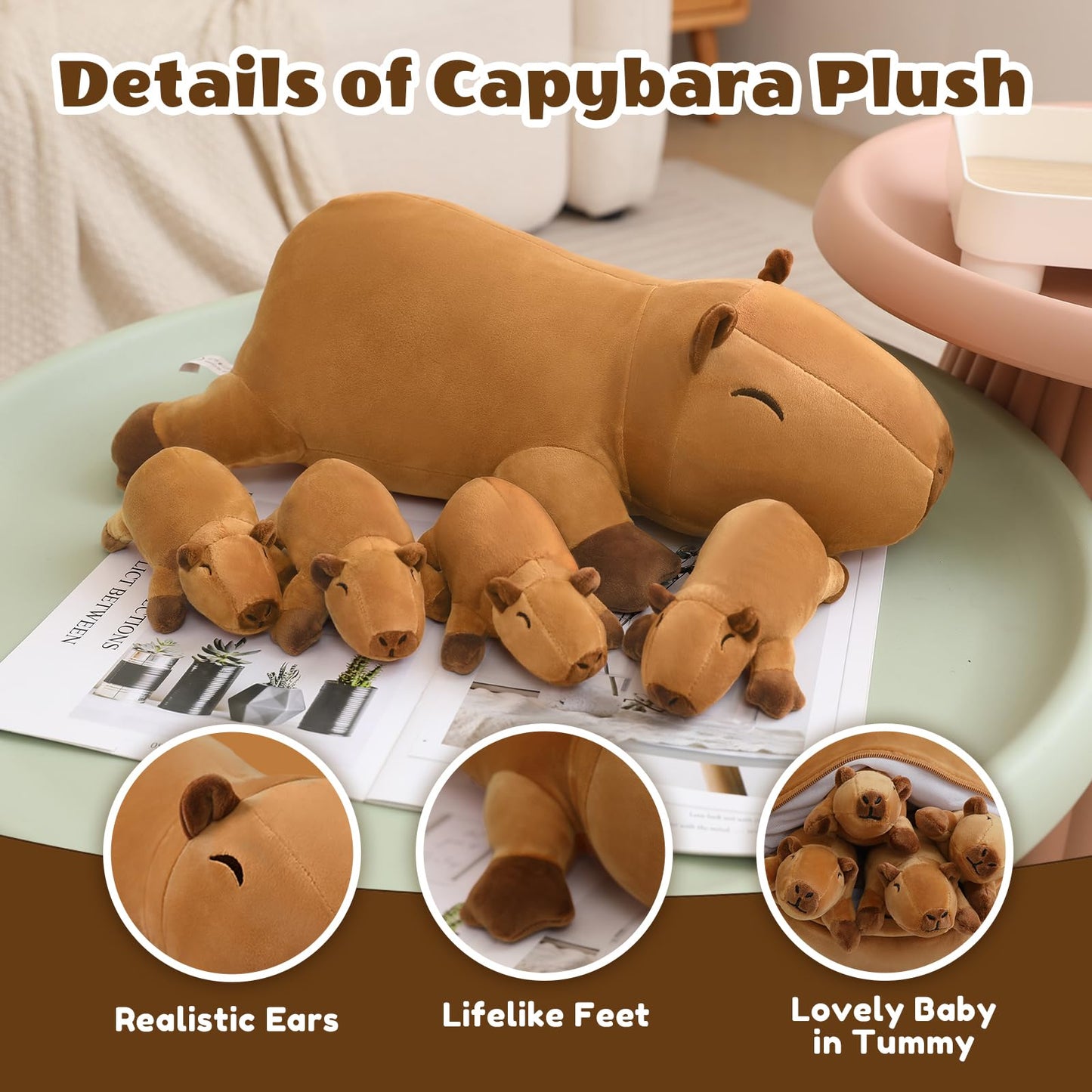 SQEQE Stuffed Capybara Plush – Mommy with 4 Babies Interactive Toy, Gift for Kids