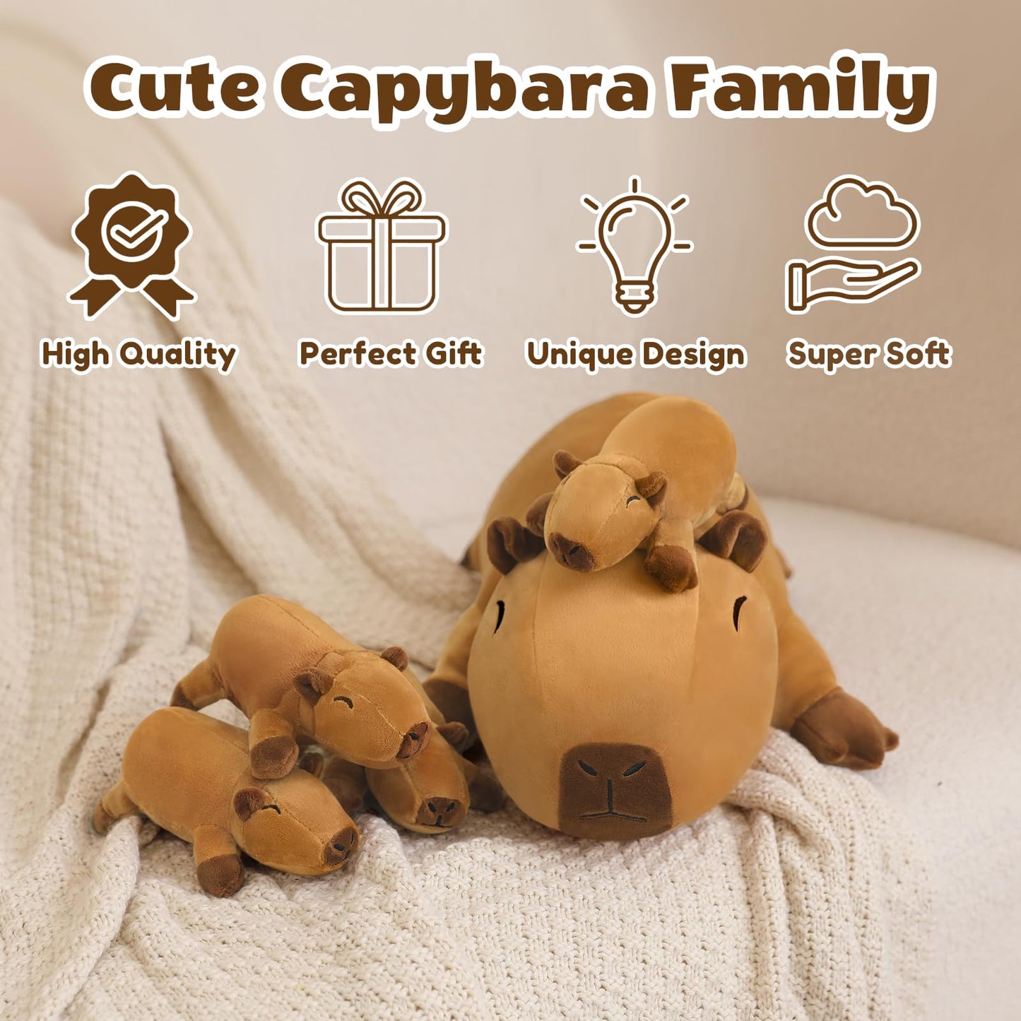 SQEQE Stuffed Capybara Plush – Mommy with 4 Babies Interactive Toy, Gift for Kids