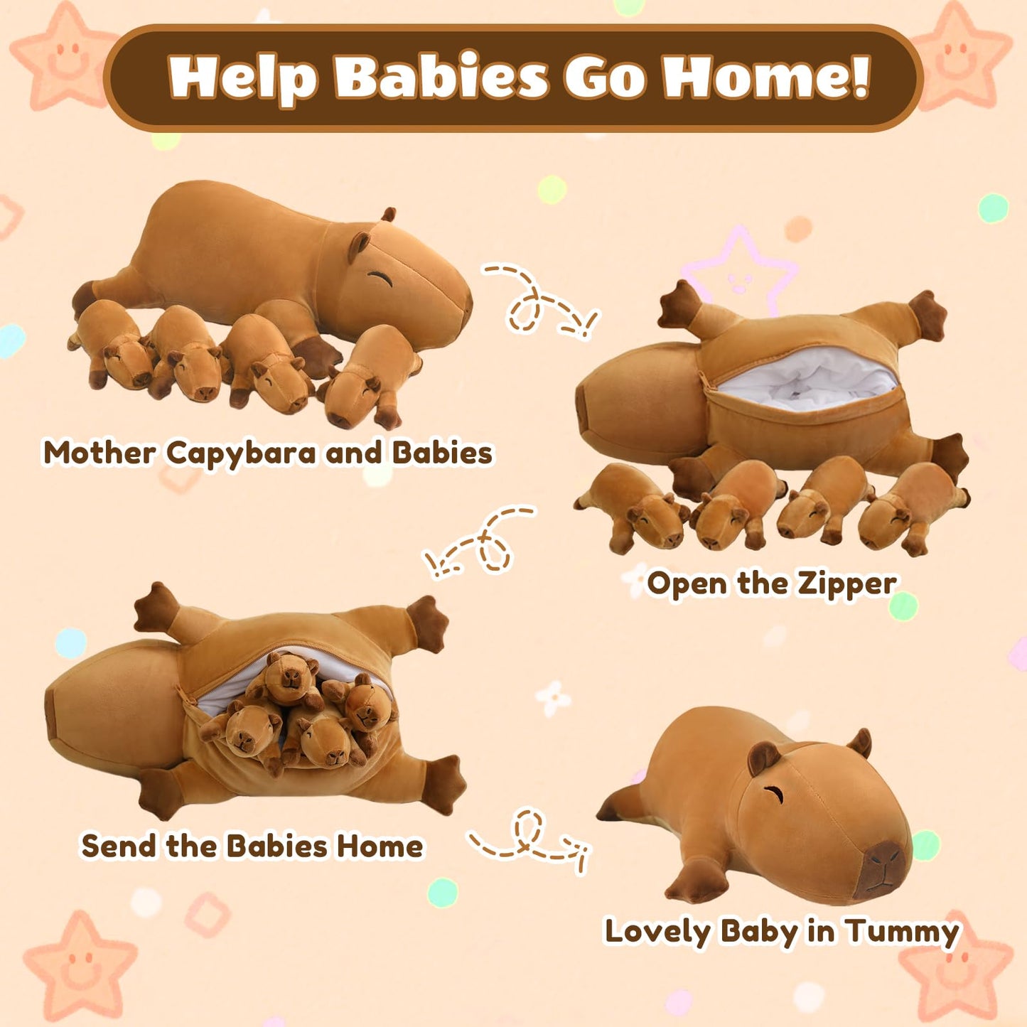 SQEQE Stuffed Capybara Plush – Mommy with 4 Babies Interactive Toy, Gift for Kids
